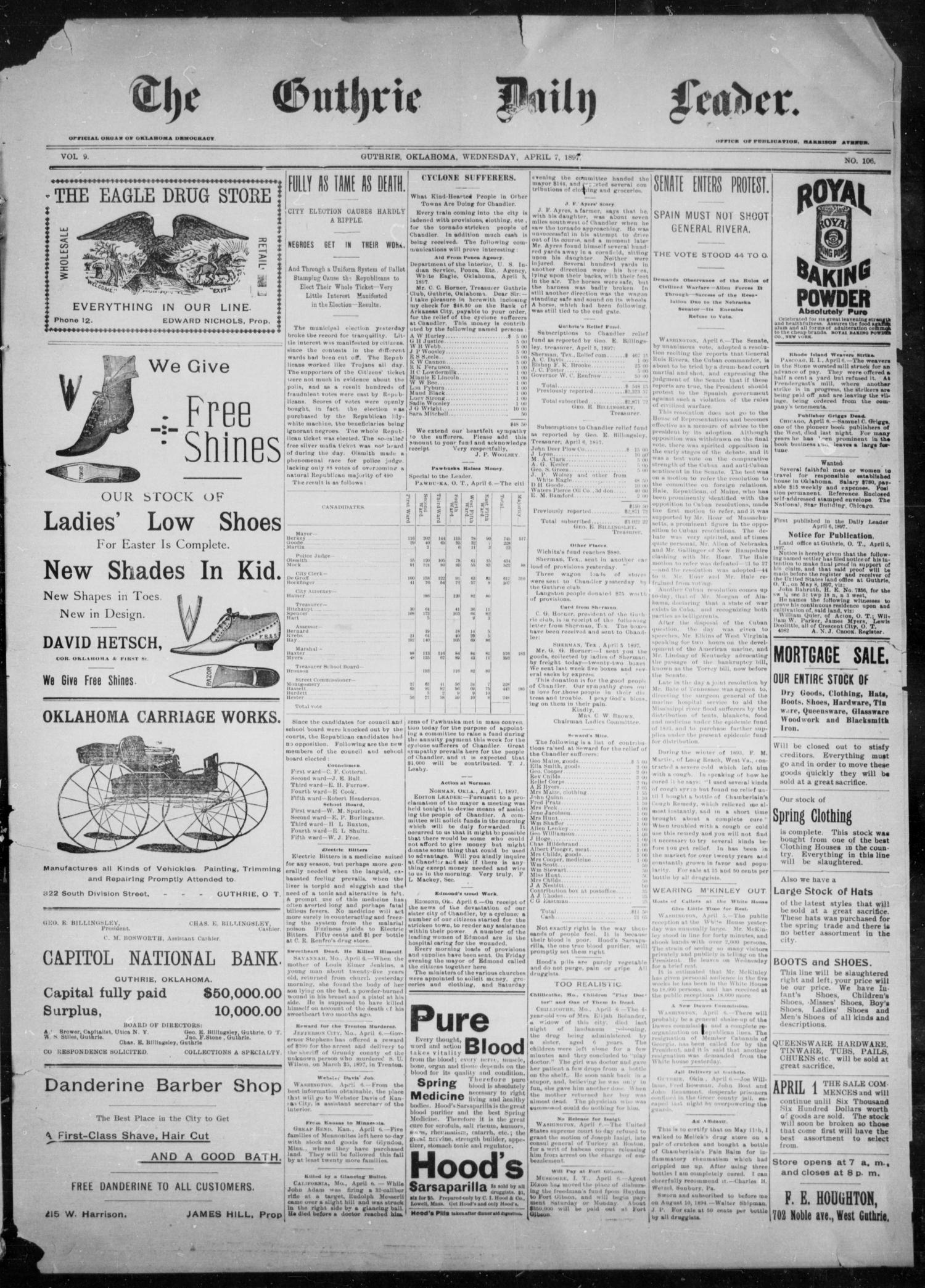 The Guthrie Daily Leader. (Guthrie, Okla.), Vol. 9, No. 106, Ed. 1, Wednesday, April 7, 1897
                                                
                                                    [Sequence #]: 1 of 4
                                                