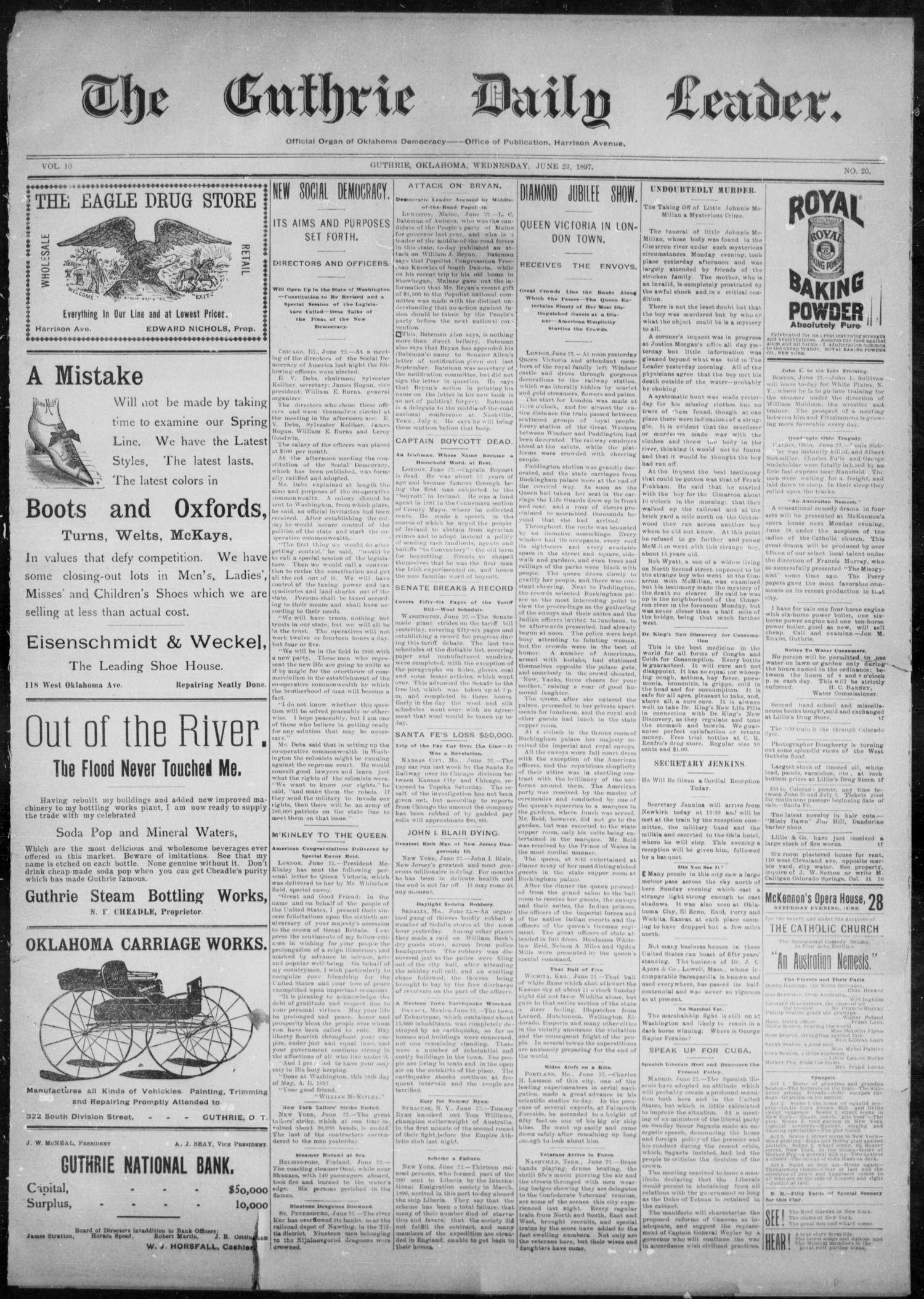 The Guthrie Daily Leader. (Guthrie, Okla.), Vol. 10, No. 20, Ed. 1, Wednesday, June 23, 1897
                                                
                                                    [Sequence #]: 1 of 4
                                                