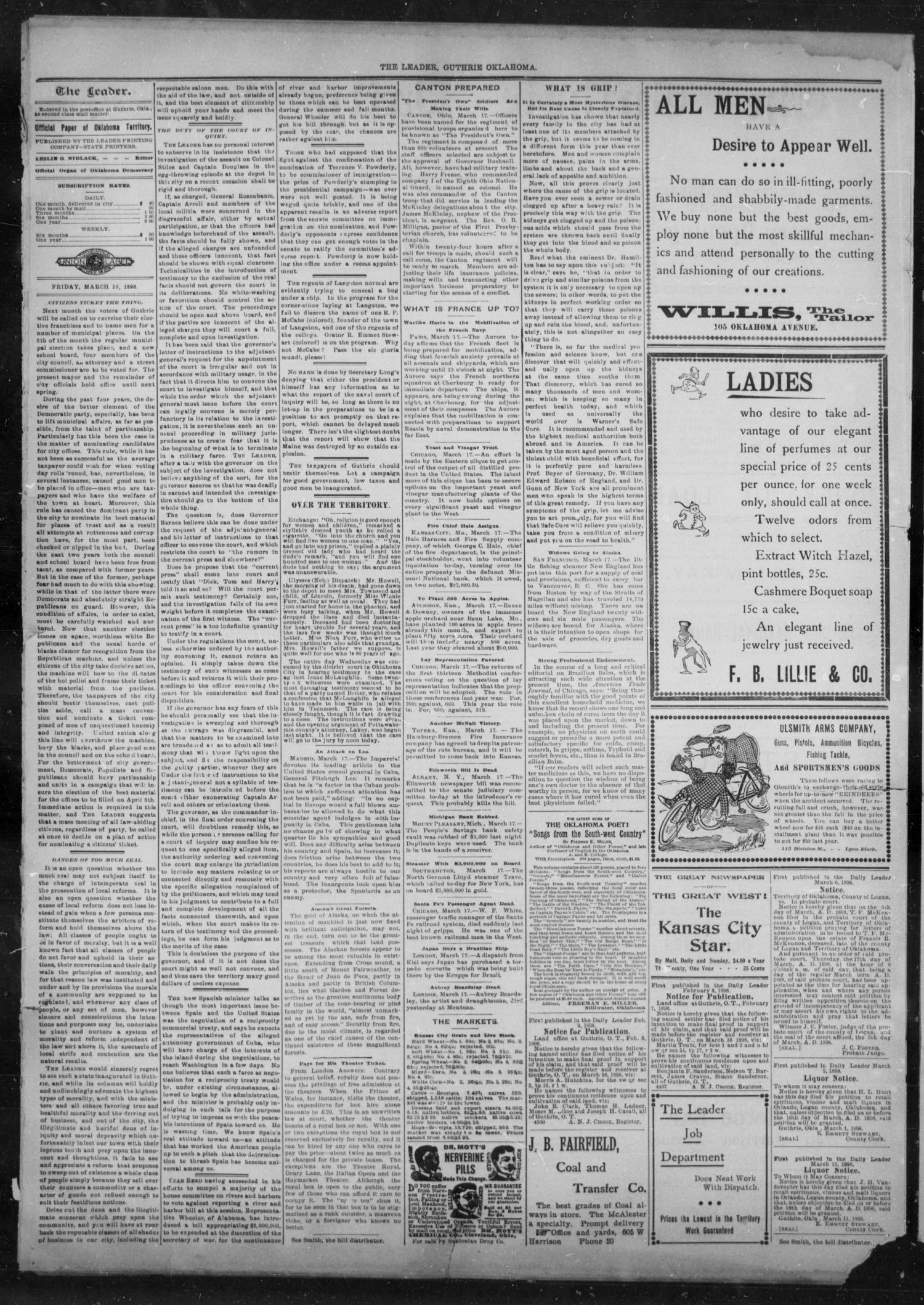 The Guthrie Daily Leader. (Guthrie, Okla.), Vol. 11, No. 92, Ed. 1, Friday, March 18, 1898
                                                
                                                    [Sequence #]: 2 of 4
                                                