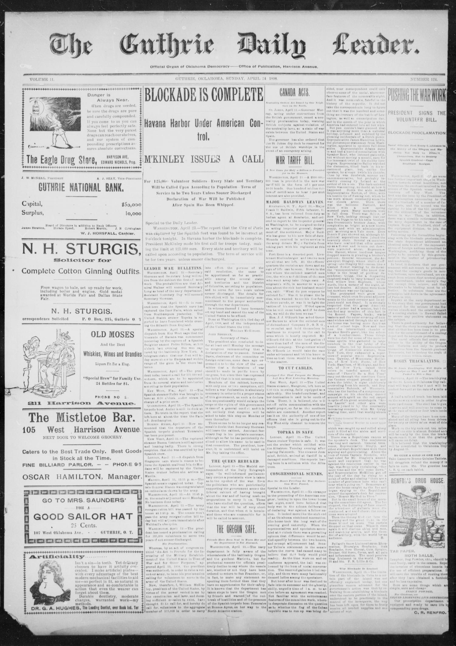 The Guthrie Daily Leader. (Guthrie, Okla.), Vol. 11, No. 124, Ed. 1, Sunday, April 24, 1898
                                                
                                                    [Sequence #]: 1 of 4
                                                