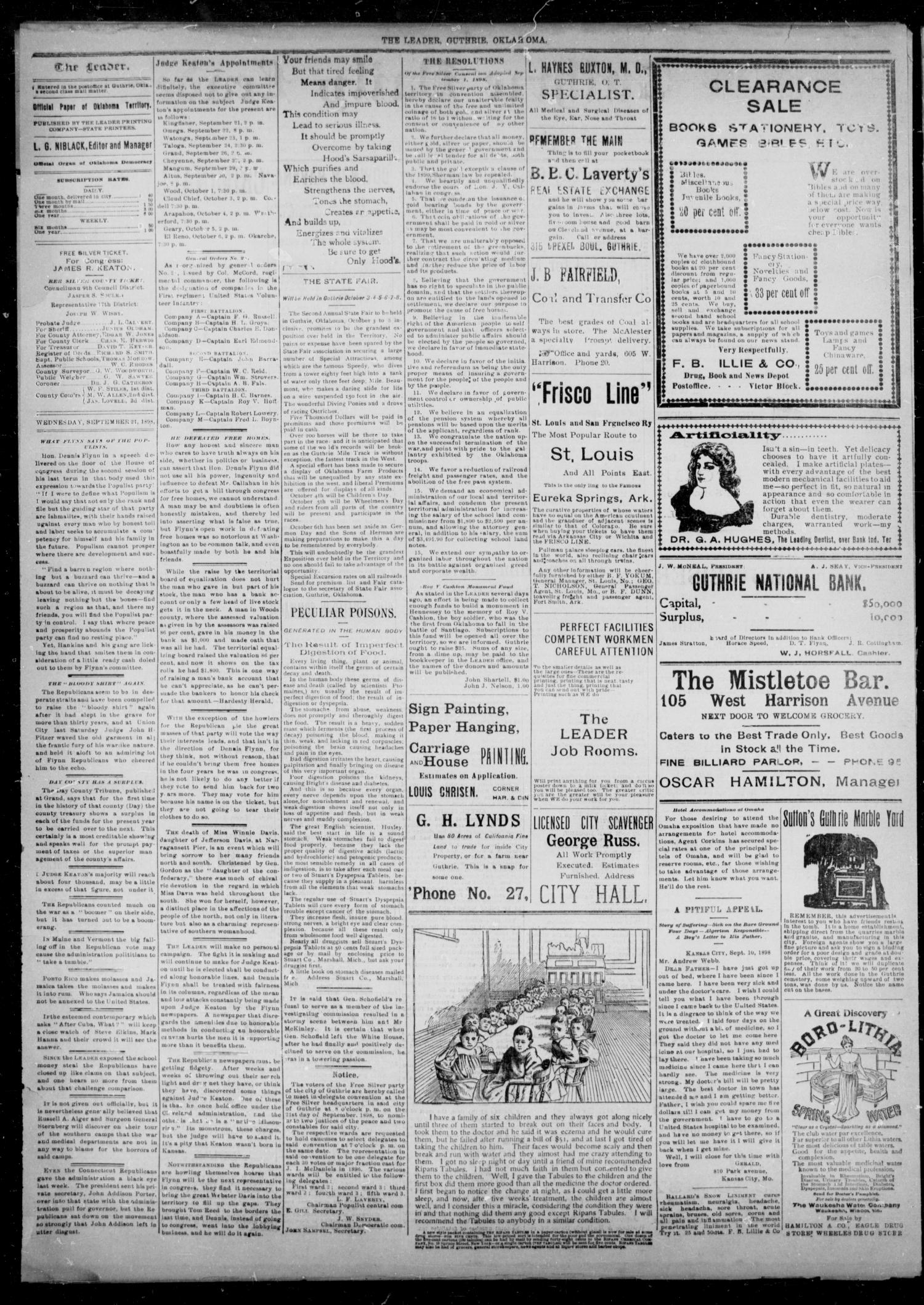 The Guthrie Daily Leader. (Guthrie, Okla.), Vol. 12, No. 99, Ed. 1, Wednesday, September 21, 1898
                                                
                                                    [Sequence #]: 2 of 4
                                                