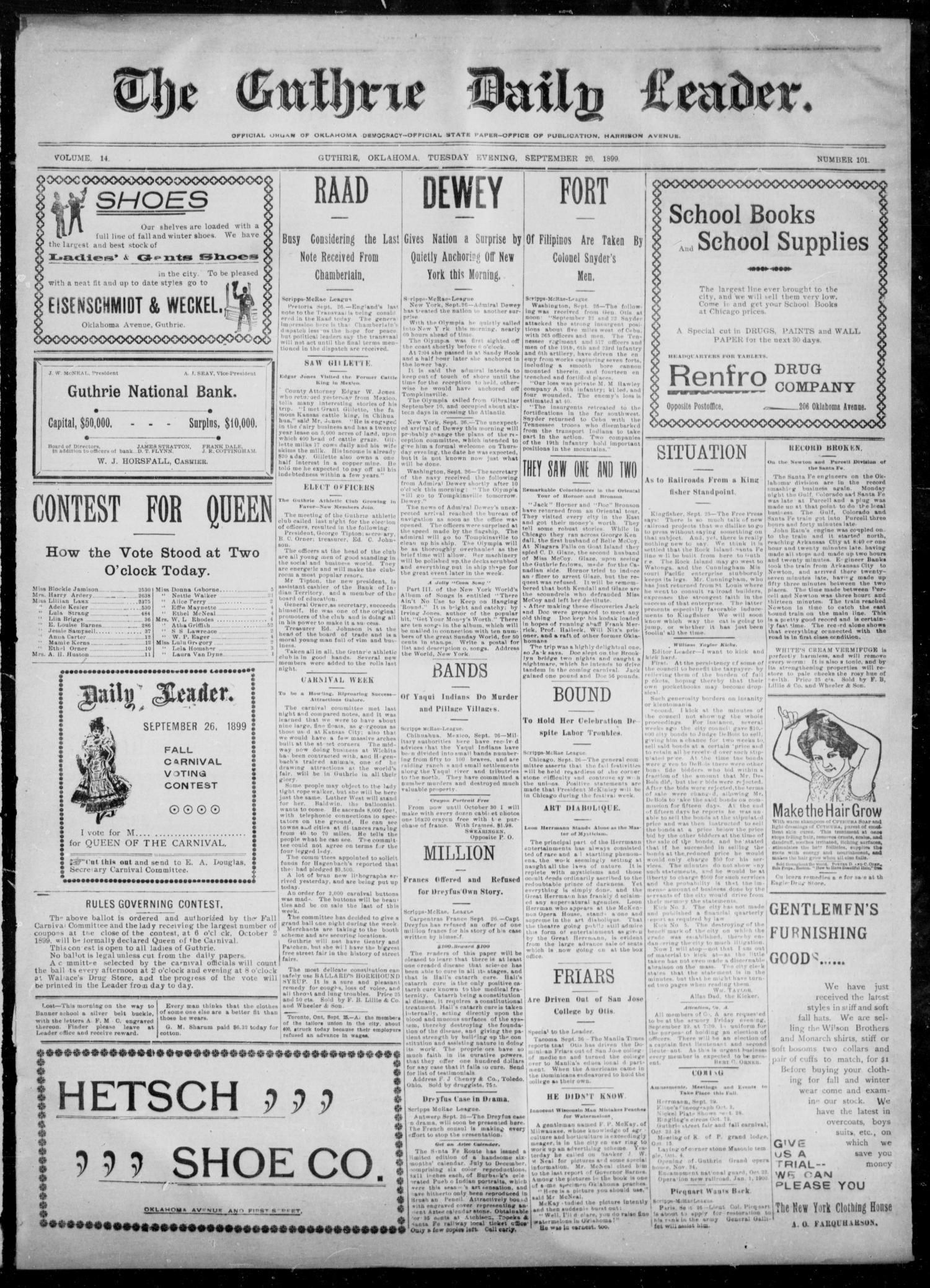 The Guthrie Daily Leader. (Guthrie, Okla.), Vol. 14, No. 101, Ed. 1, Tuesday, September 26, 1899
                                                
                                                    [Sequence #]: 1 of 4
                                                