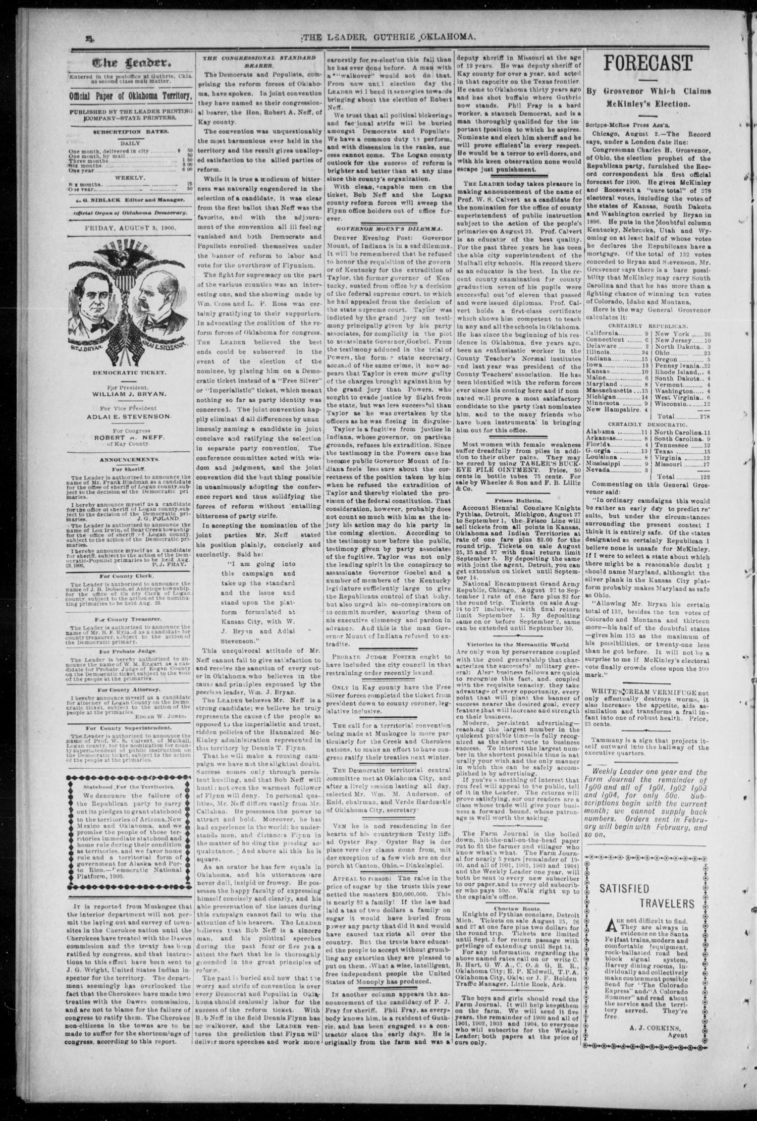 Guthrie Daily Leader. (Guthrie, Okla.), Vol. 16, No. 52, Ed. 1, Friday, August 3, 1900
                                                
                                                    [Sequence #]: 4 of 8
                                                
