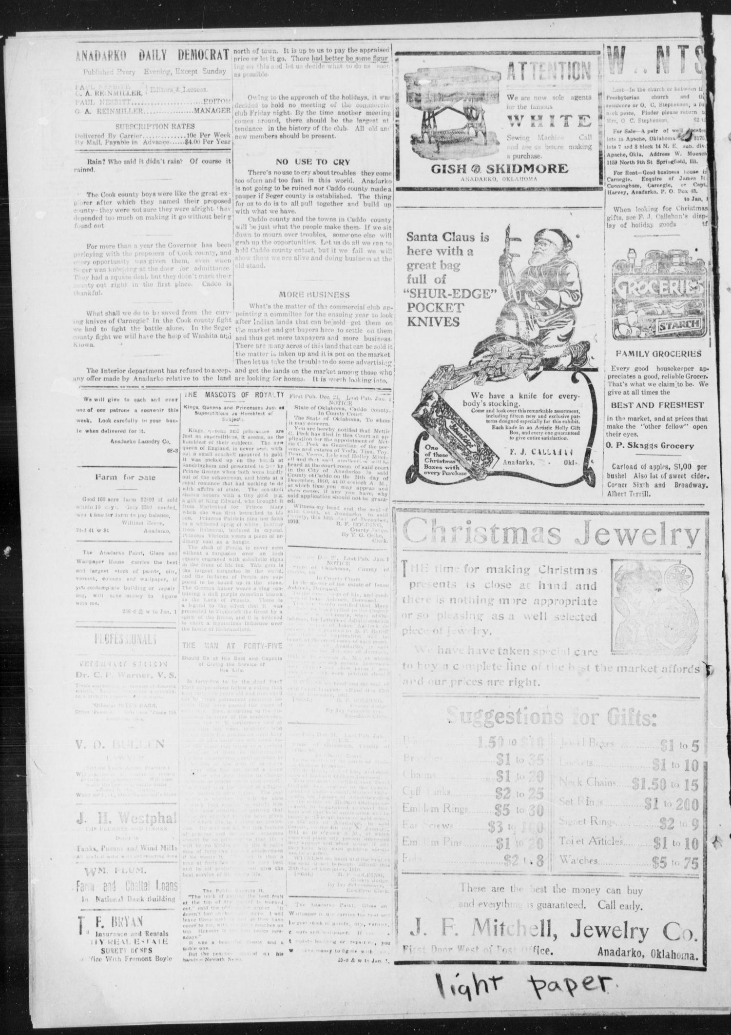Anadarko Daily Democrat (Anadarko, Okla.), Vol. 9, No. 271, Ed. 1, Thursday, December 22, 1910
                                                
                                                    [Sequence #]: 4 of 4
                                                