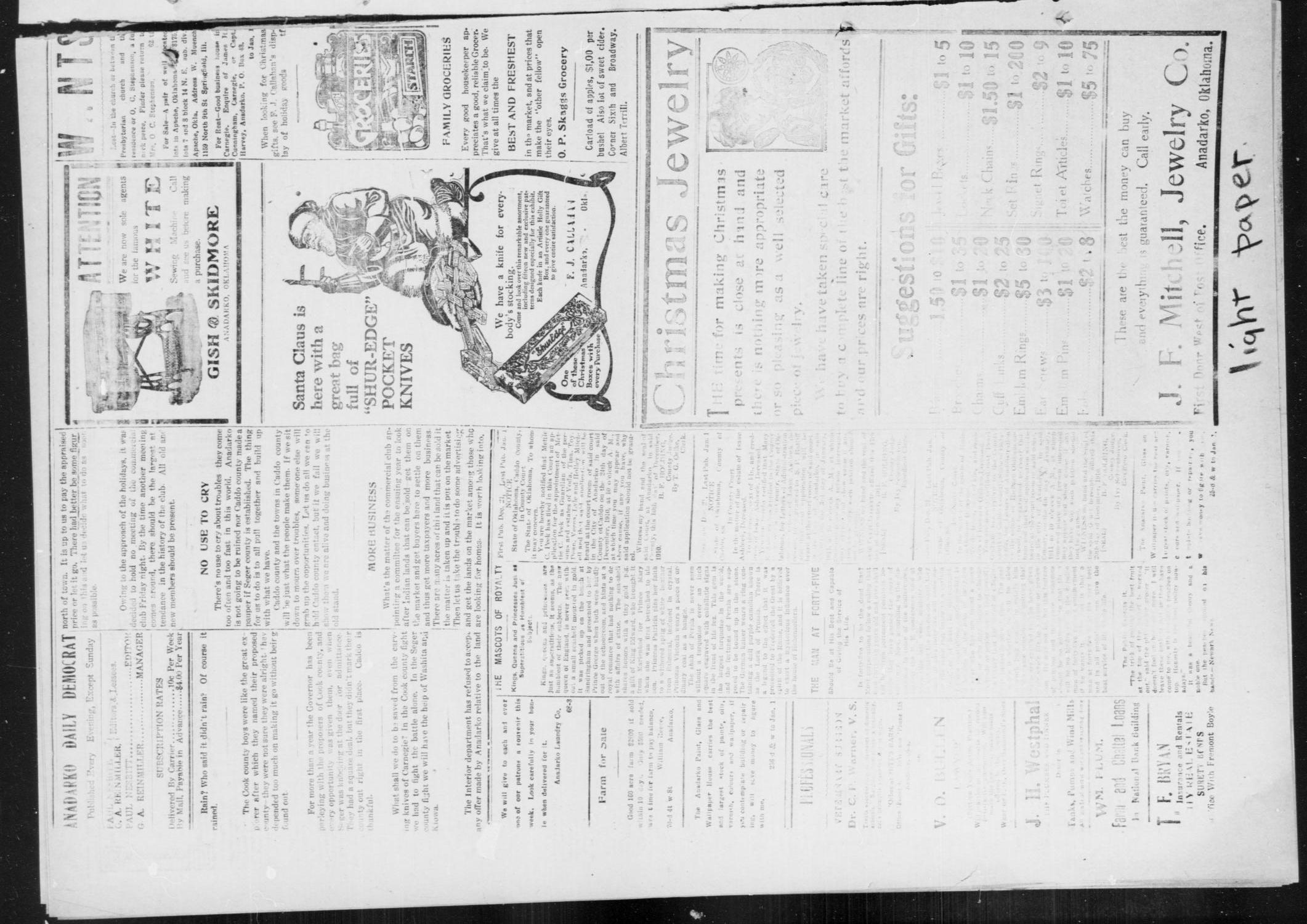 Anadarko Daily Democrat (Anadarko, Okla.), Vol. 9, No. 271, Ed. 1, Thursday, December 22, 1910
                                                
                                                    [Sequence #]: 4 of 4
                                                