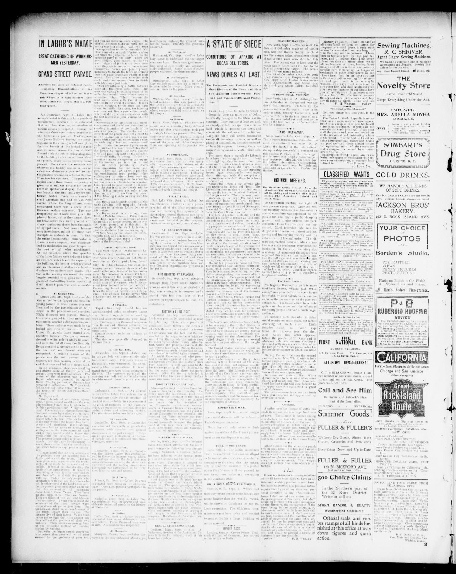 The El Reno Daily American. (El Reno, Okla. Terr.), Vol. 1, No. 49, Ed. 1 Tuesday, September 3, 1901
                                                
                                                    [Sequence #]: 2 of 8
                                                