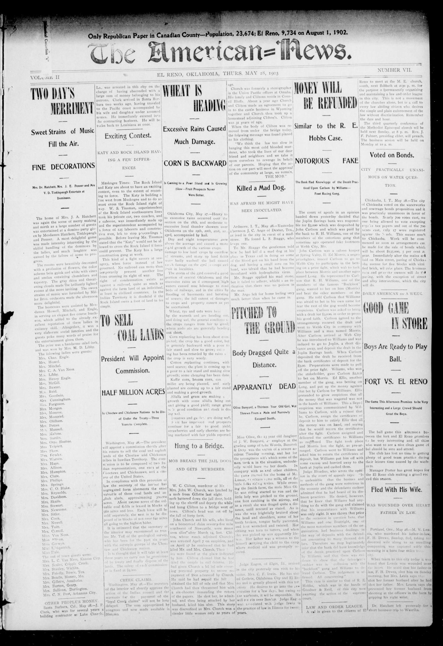 The American--News. (El Reno, Okla.), Vol. 7, No. 7, Ed. 1 Thursday, May 28, 1903
                                                
                                                    [Sequence #]: 1 of 8
                                                