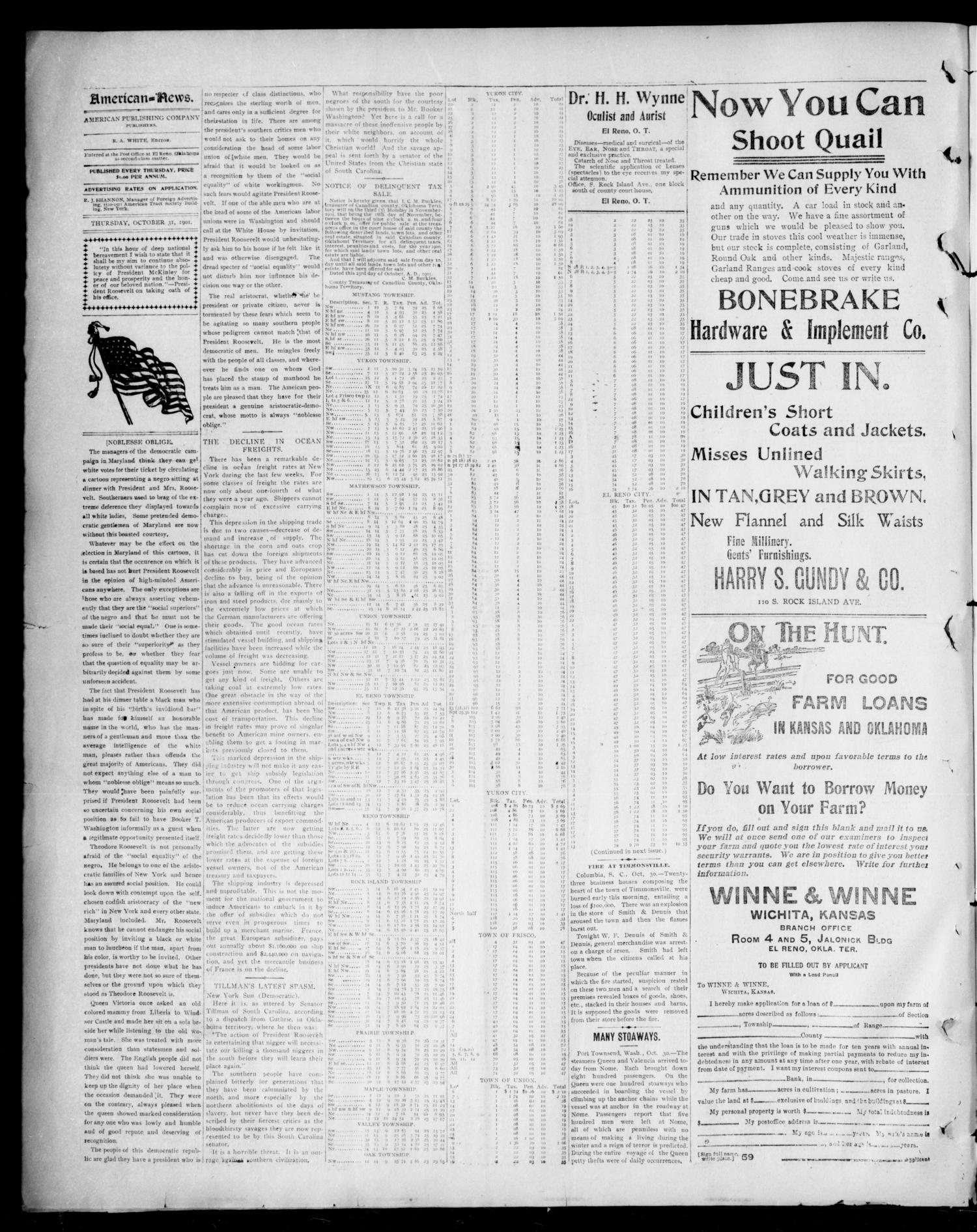 The El Reno American--News. (El Reno, Okla. Terr.), Vol. 6, No. 31, Ed. 1 Thursday, October 31, 1901
                                                
                                                    [Sequence #]: 4 of 8
                                                