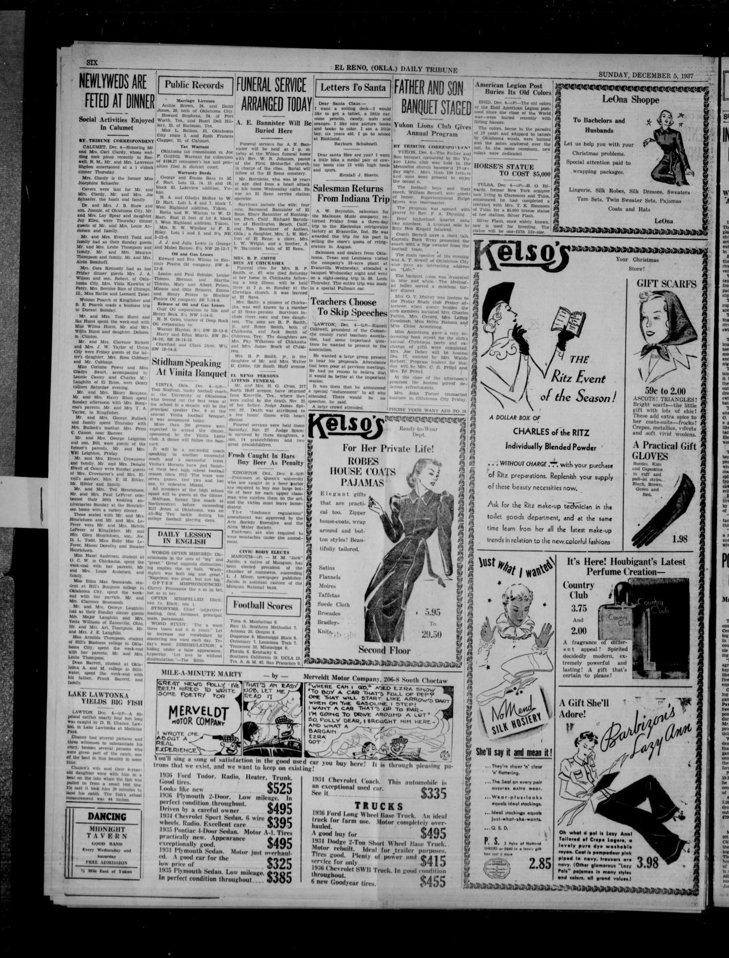 The El Reno Daily Tribune (El Reno, Okla.), Vol. 46, No. 234, Ed. 1 Sunday, December 5, 1937
                                                
                                                    [Sequence #]: 6 of 6
                                                
