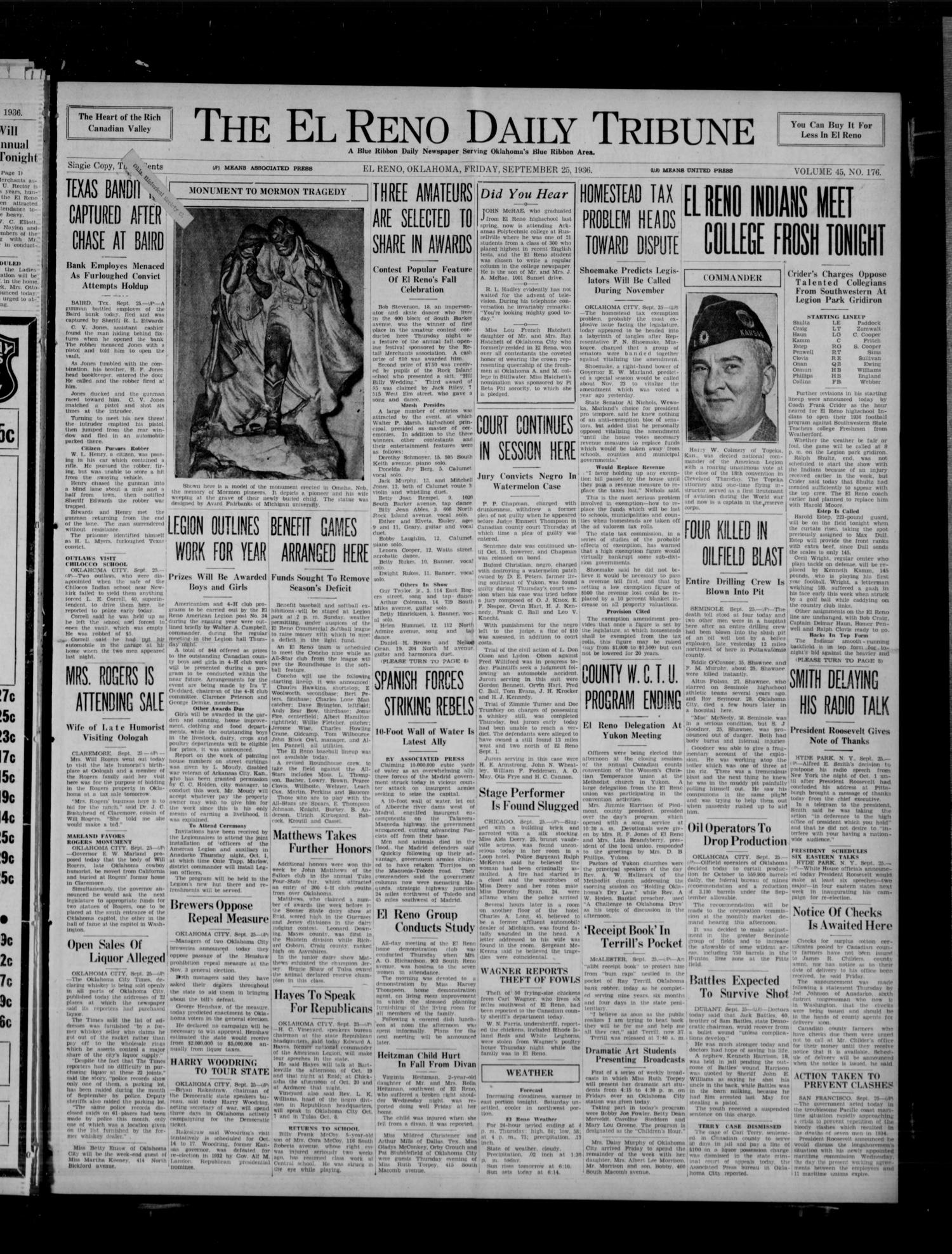 The El Reno Daily Tribune (El Reno, Okla.), Vol. 45, No. 176, Ed. 1 Friday, September 25, 1936
                                                
                                                    [Sequence #]: 1 of 8
                                                