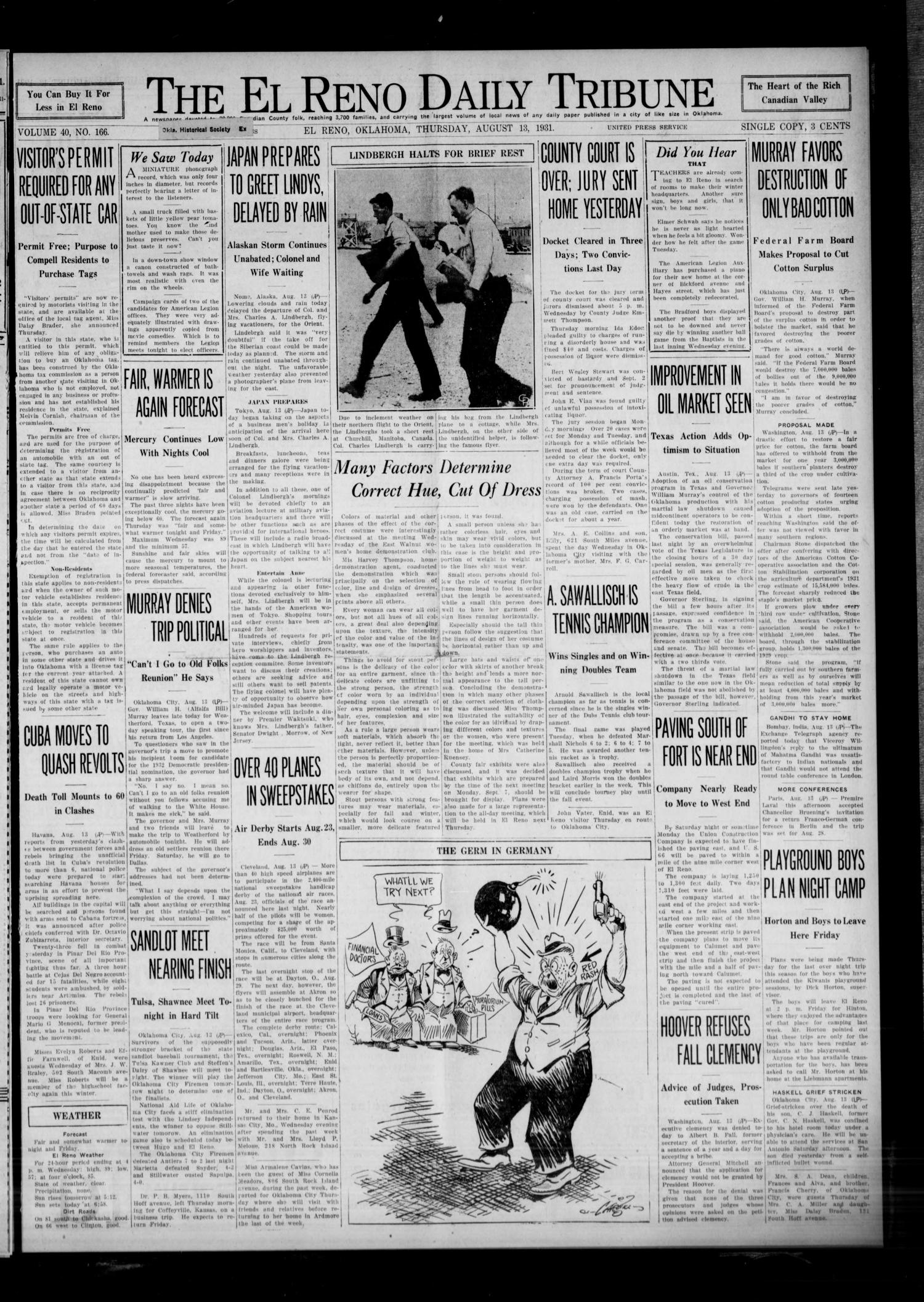 The El Reno Daily Tribune (El Reno, Okla.), Vol. 40, No. 166, Ed. 1 Thursday, August 13, 1931
                                                
                                                    [Sequence #]: 1 of 6
                                                