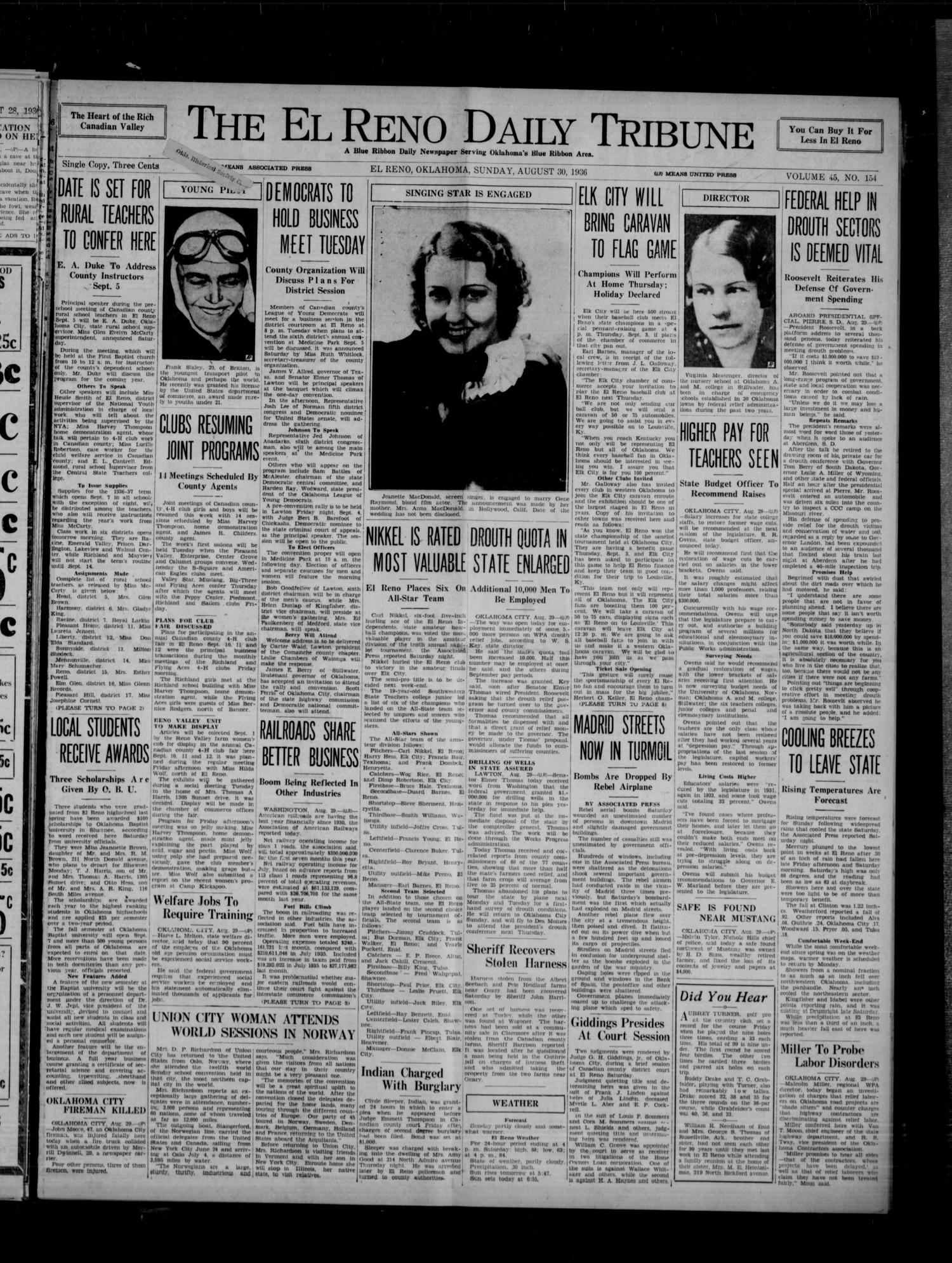 The El Reno Daily Tribune (El Reno, Okla.), Vol. 45, No. 154, Ed. 1 Sunday, August 30, 1936
                                                
                                                    [Sequence #]: 1 of 8
                                                