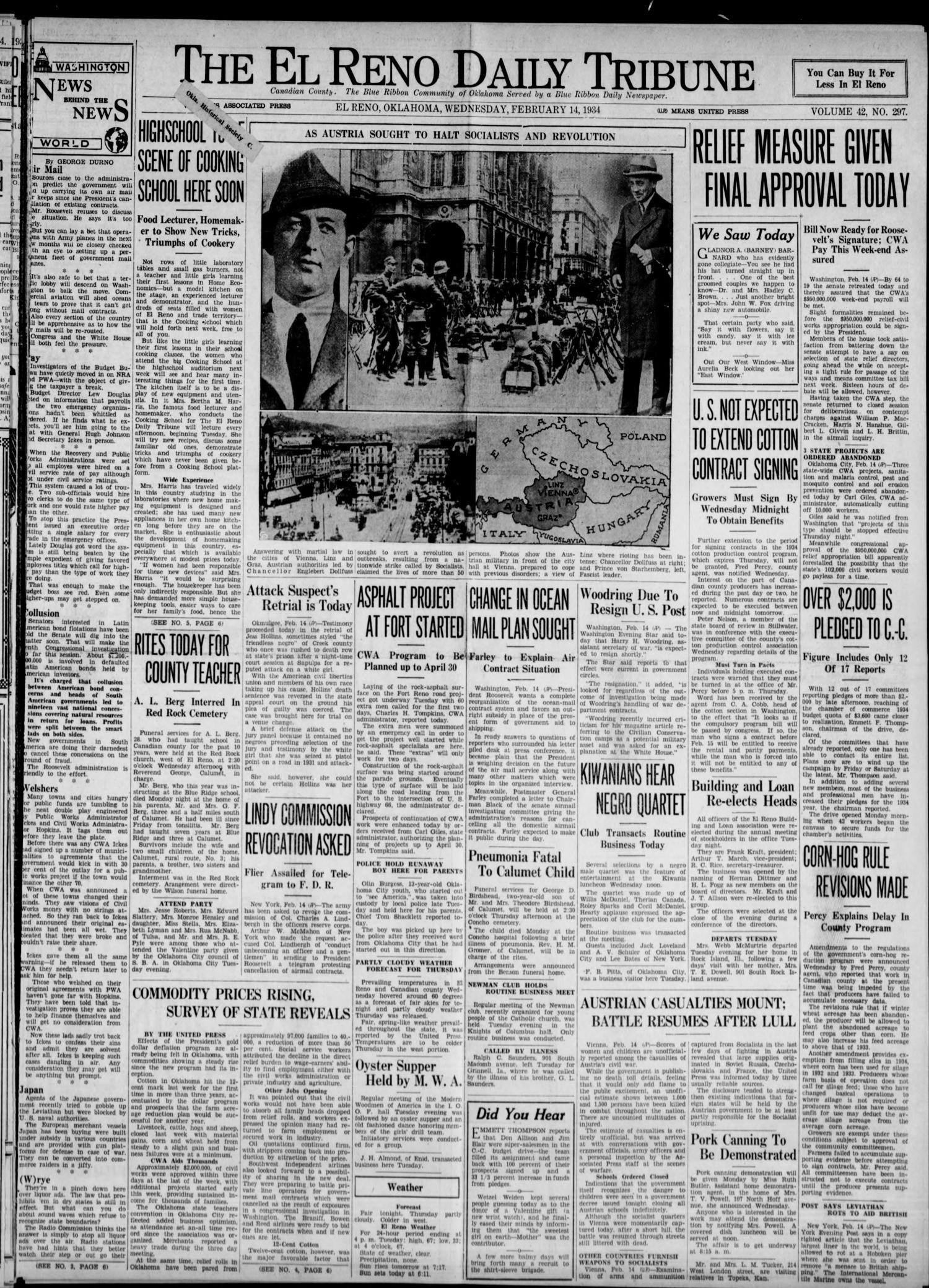 The El Reno Daily Tribune (El Reno, Okla.), Vol. 42, No. 297, Ed. 1 Wednesday, February 14, 1934
                                                
                                                    [Sequence #]: 1 of 6
                                                