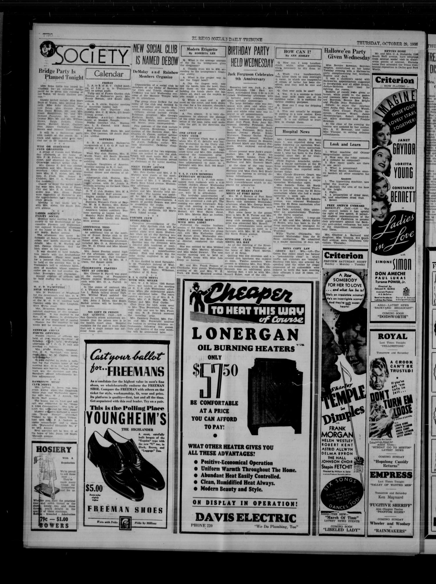 The El Reno Daily Tribune (El Reno, Okla.), Vol. 45, No. 205, Ed. 1 Thursday, October 29, 1936
                                                
                                                    [Sequence #]: 2 of 12
                                                