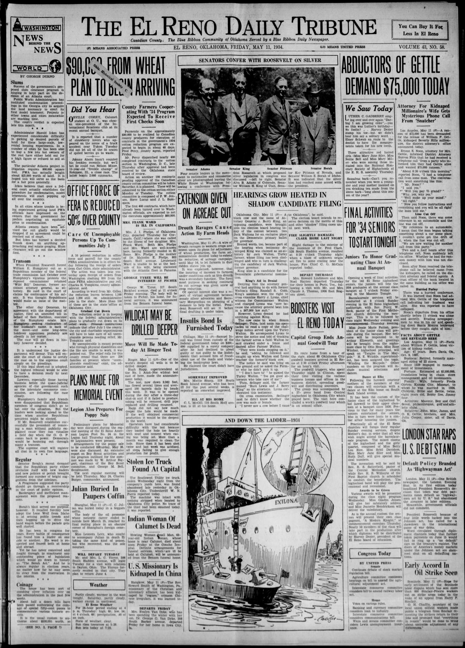 The El Reno Daily Tribune (El Reno, Okla.), Vol. 43, No. 58, Ed. 1 Friday, May 11, 1934
                                                
                                                    [Sequence #]: 1 of 8
                                                