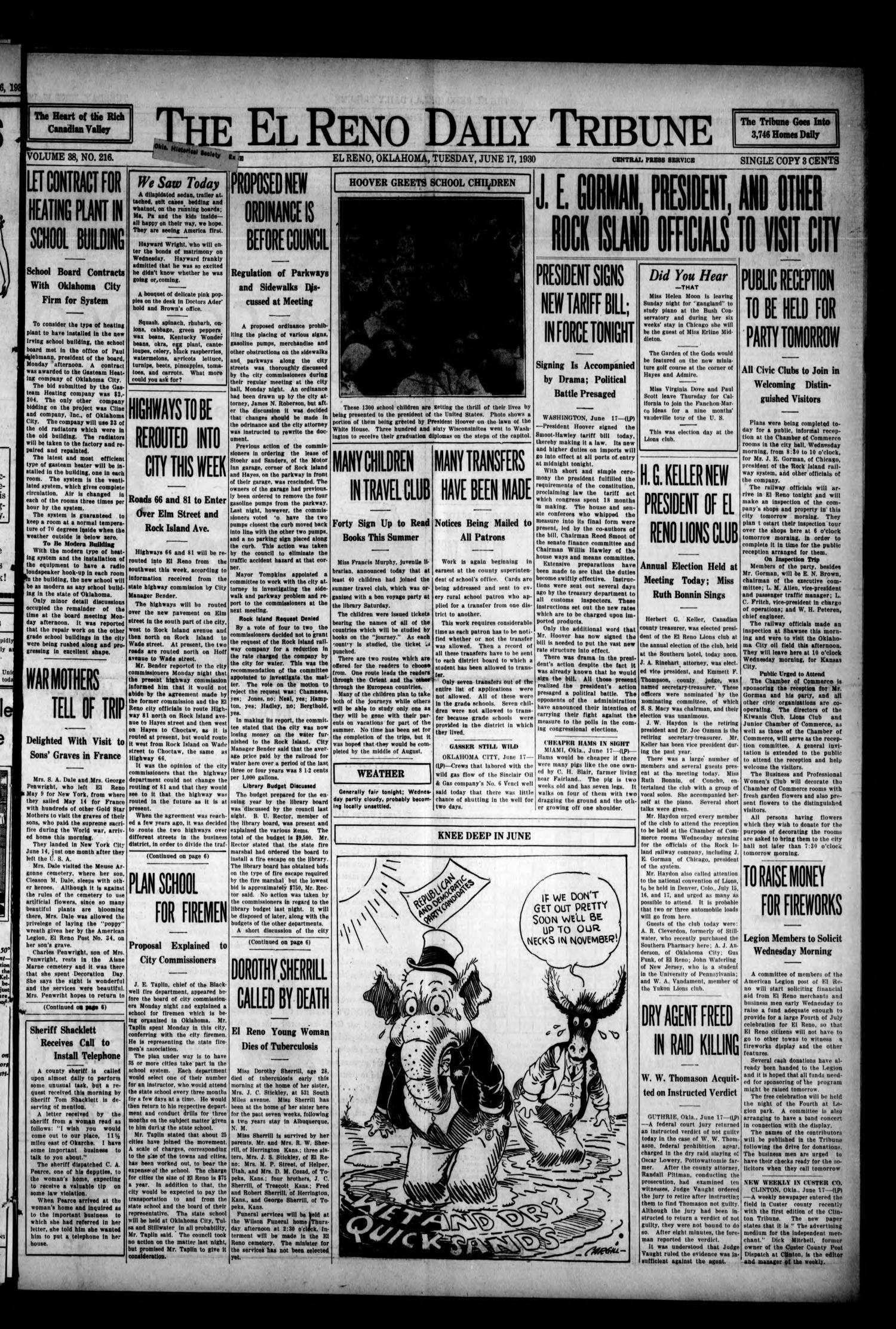 The El Reno Daily Tribune (El Reno, Okla.), Vol. 38, No. 216, Ed. 1 Tuesday, June 17, 1930
                                                
                                                    [Sequence #]: 1 of 6
                                                