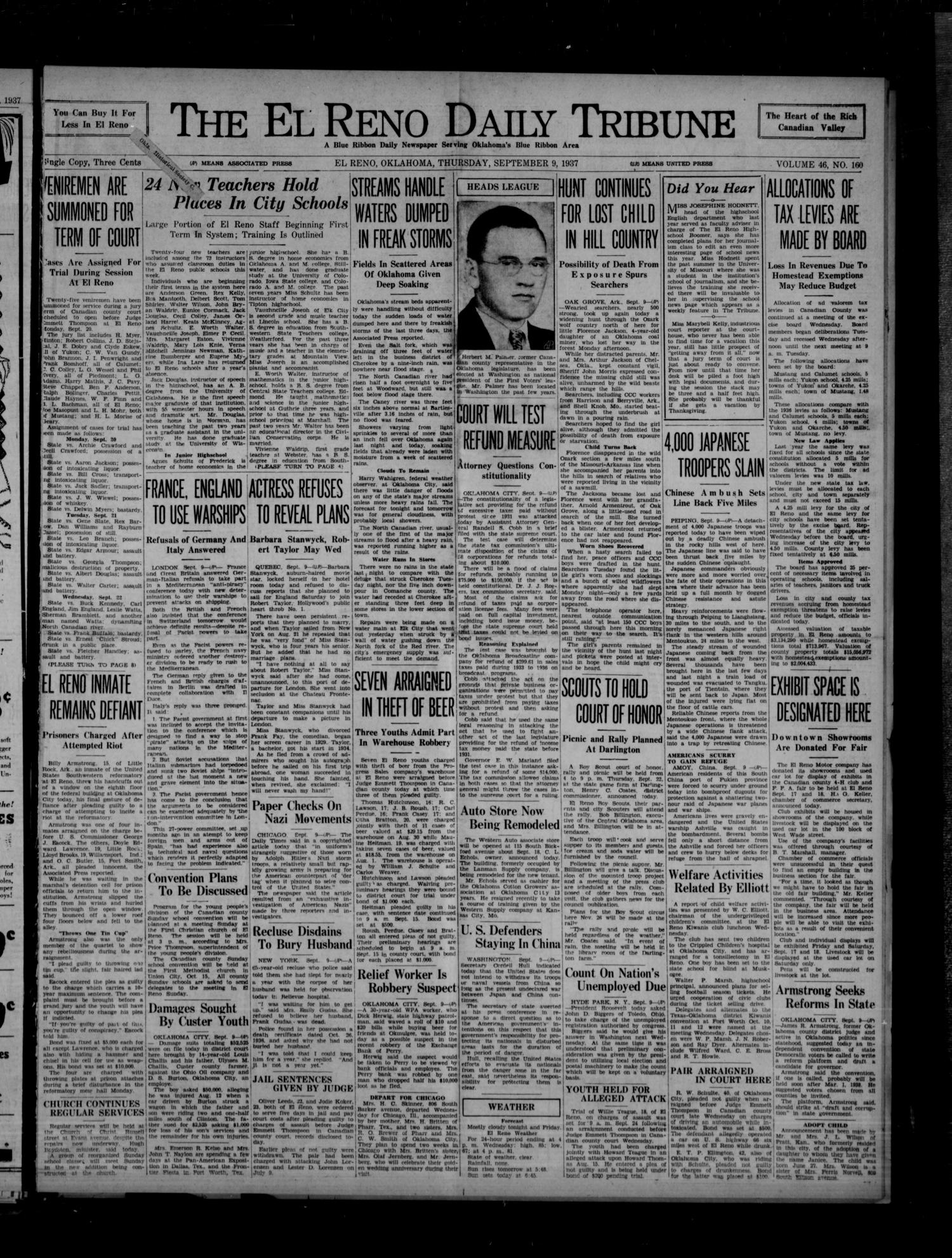 The El Reno Daily Tribune (El Reno, Okla.), Vol. 46, No. 160, Ed. 1 Thursday, September 9, 1937
                                                
                                                    [Sequence #]: 1 of 8
                                                