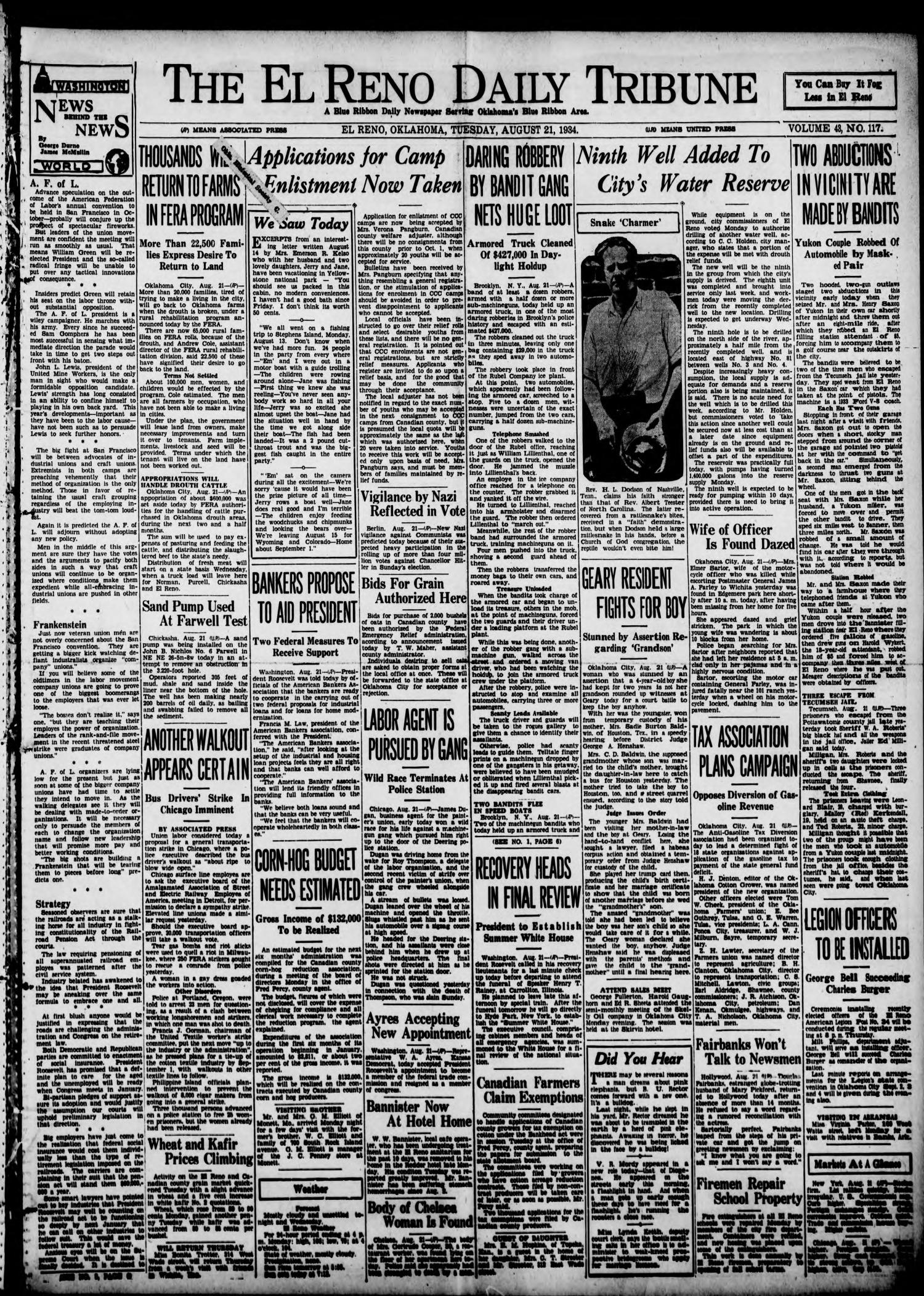 The El Reno Daily Tribune (El Reno, Okla.), Vol. 43, No. 117, Ed. 1 Tuesday, August 21, 1934
                                                
                                                    [Sequence #]: 1 of 6
                                                