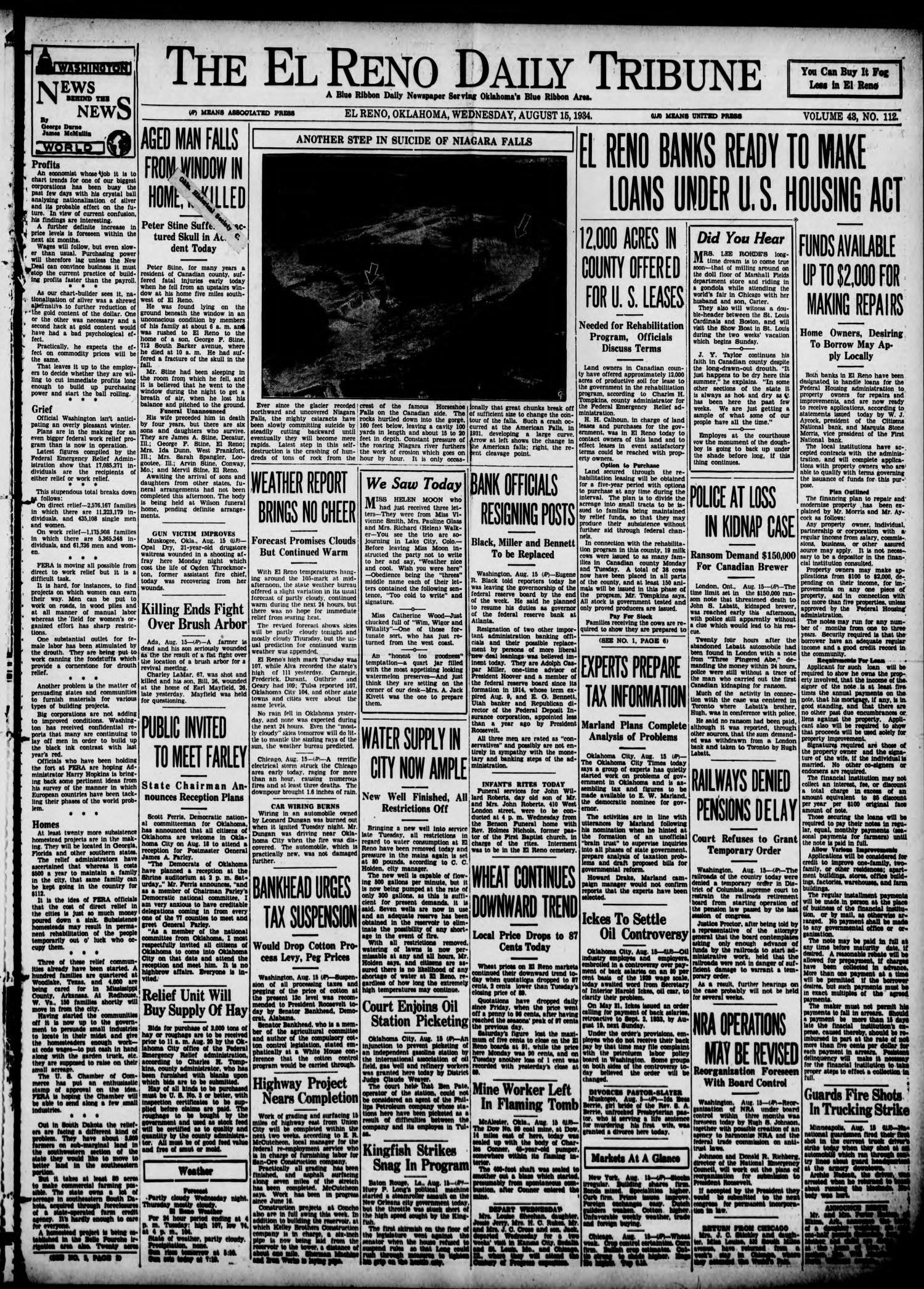 The El Reno Daily Tribune (El Reno, Okla.), Vol. 43, No. 112, Ed. 1 Wednesday, August 15, 1934
                                                
                                                    [Sequence #]: 1 of 6
                                                