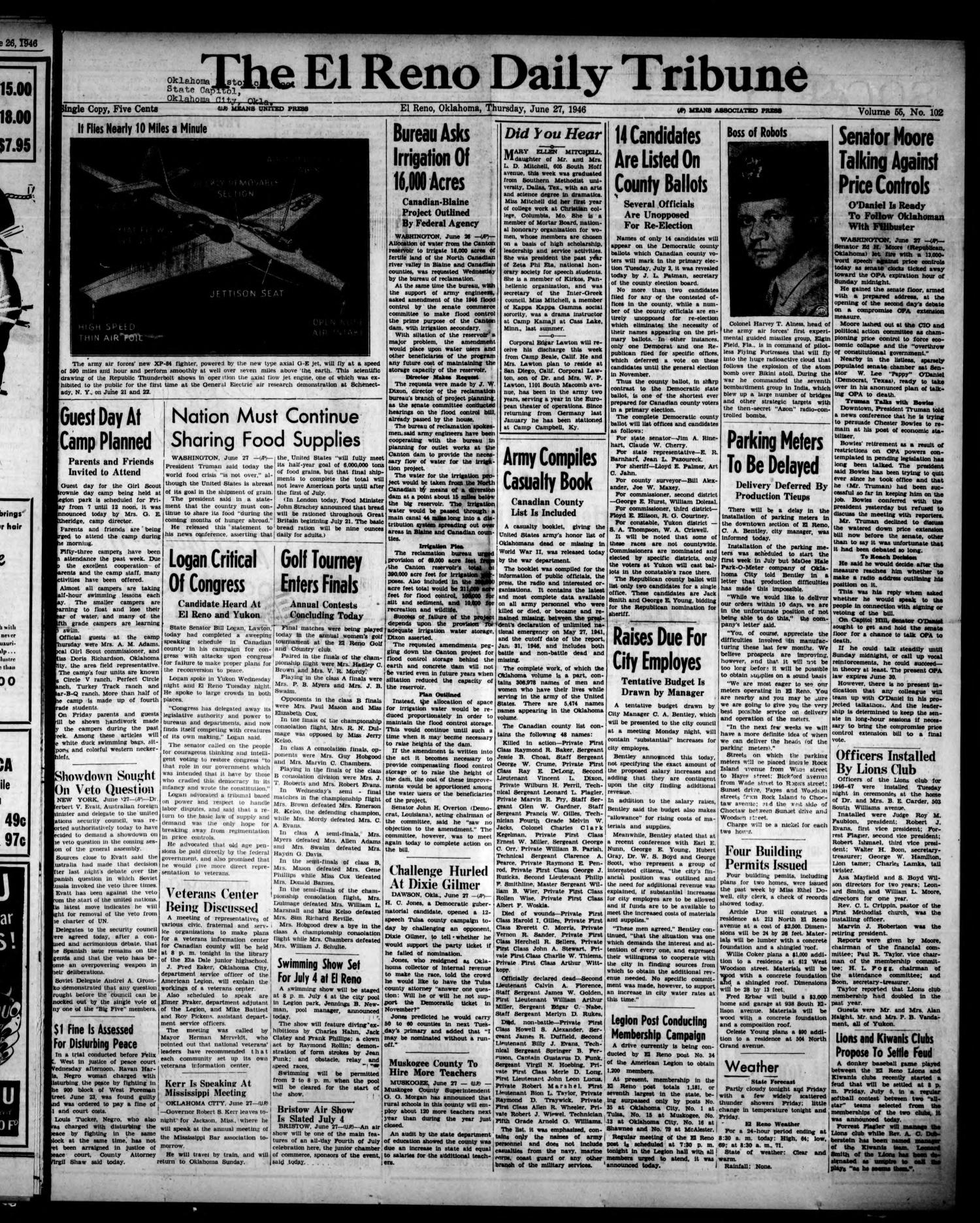 The El Reno Daily Tribune (El Reno, Okla.), Vol. 55, No. 102, Ed. 1 Thursday, June 27, 1946
                                                
                                                    [Sequence #]: 1 of 8
                                                