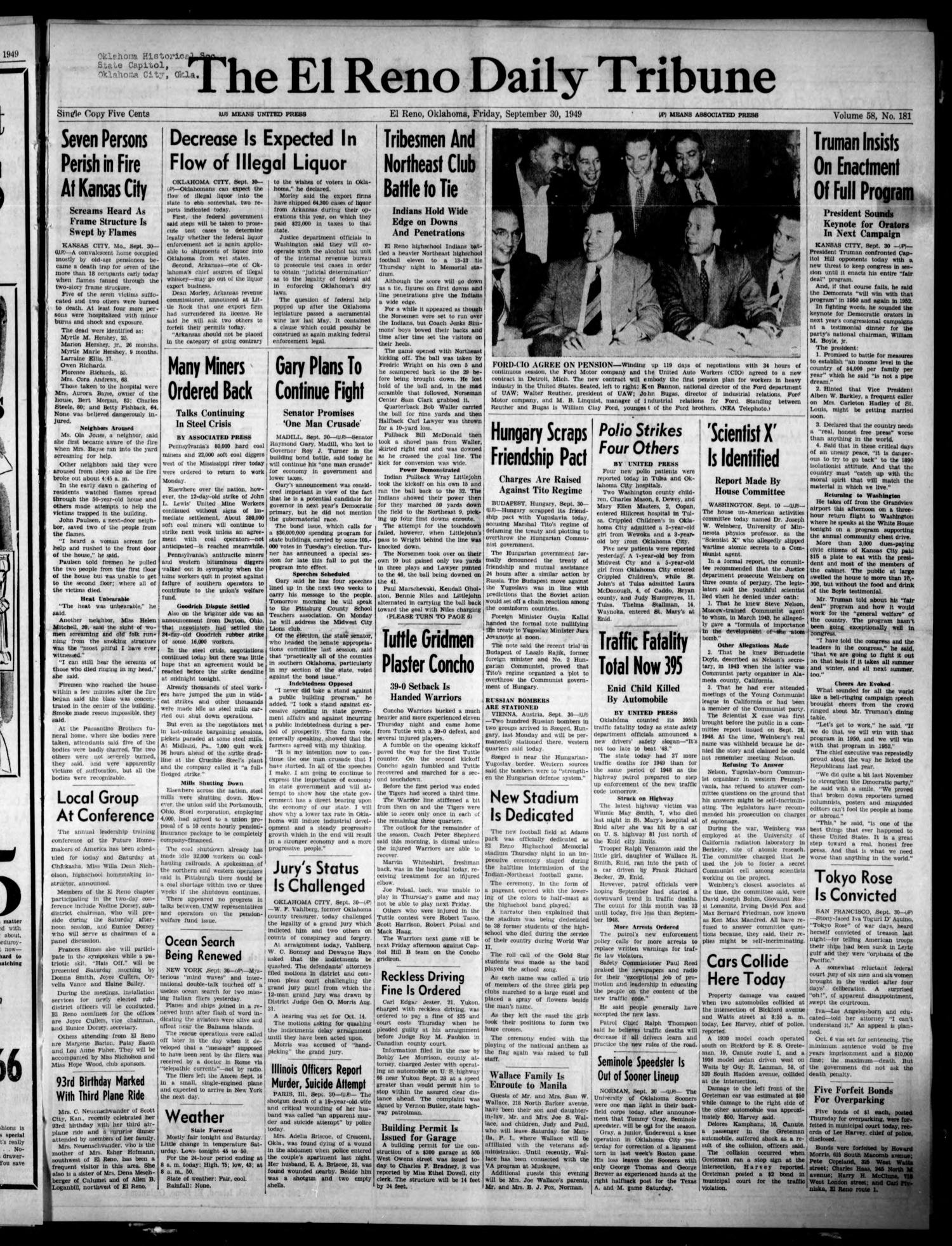 The El Reno Daily Tribune (El Reno, Okla.), Vol. 58, No. 181, Ed. 1 Friday, September 30, 1949
                                                
                                                    [Sequence #]: 1 of 8
                                                