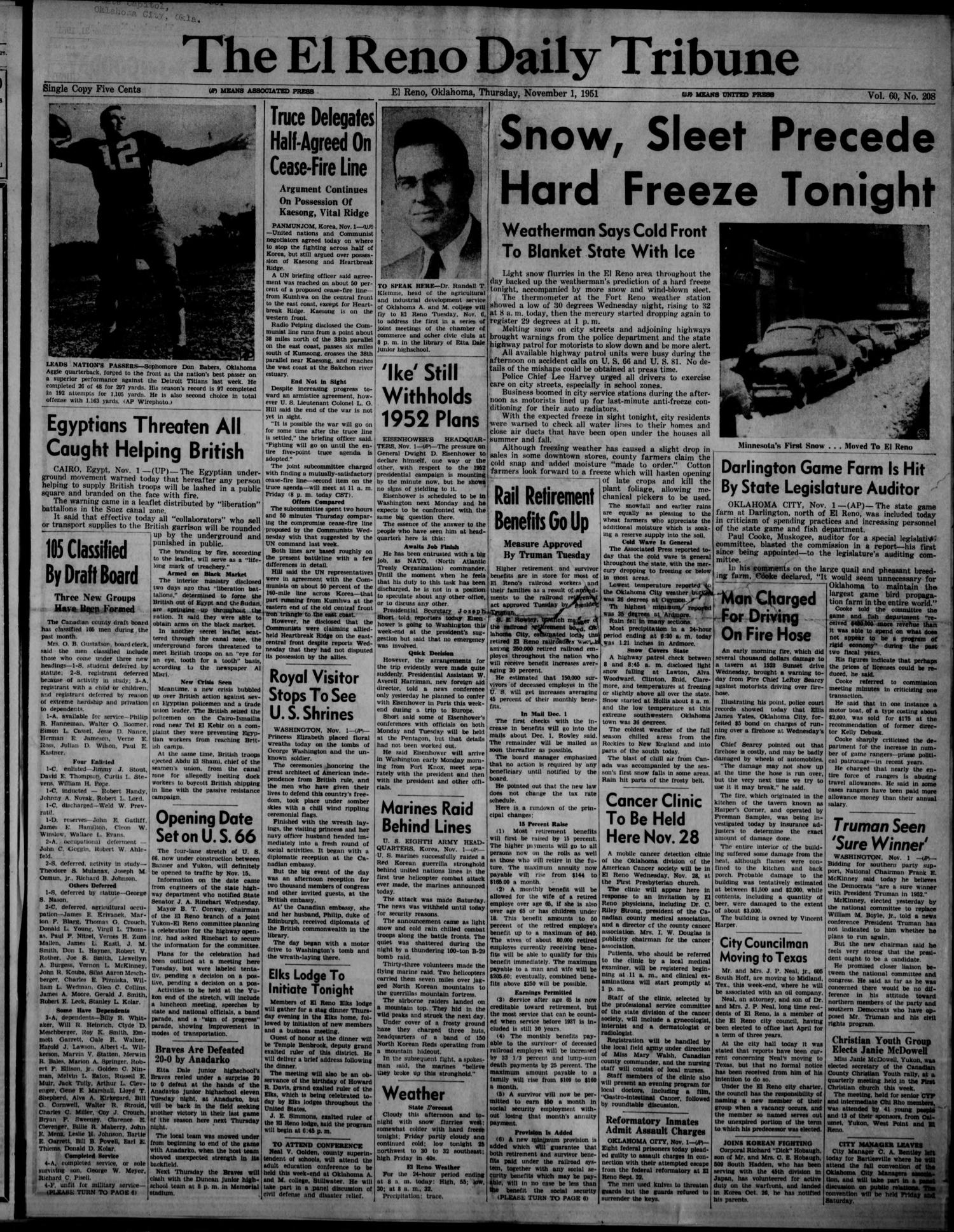 The El Reno Daily Tribune (El Reno, Okla.), Vol. 60, No. 208, Ed. 1 Thursday, November 1, 1951
                                                
                                                    [Sequence #]: 1 of 10
                                                