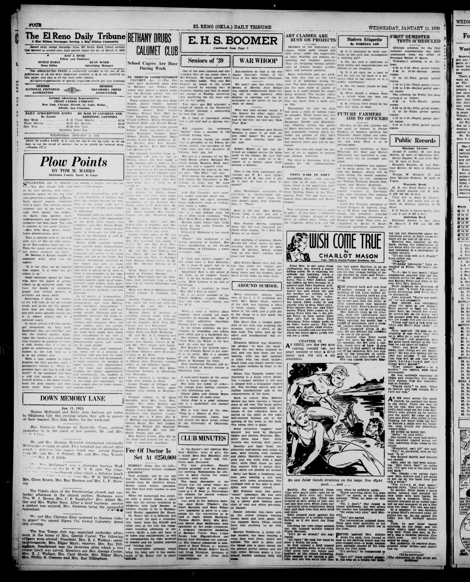 The El Reno Daily Tribune (El Reno, Okla.), Vol. 47, No. 273, Ed. 1 Wednesday, January 11, 1939
                                                
                                                    [Sequence #]: 4 of 6
                                                