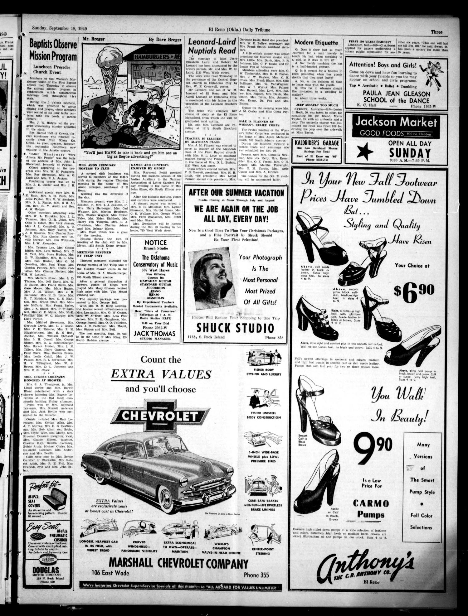 The El Reno Daily Tribune (El Reno, Okla.), Vol. 58, No. 170, Ed. 1 Sunday, September 18, 1949
                                                
                                                    [Sequence #]: 3 of 10
                                                