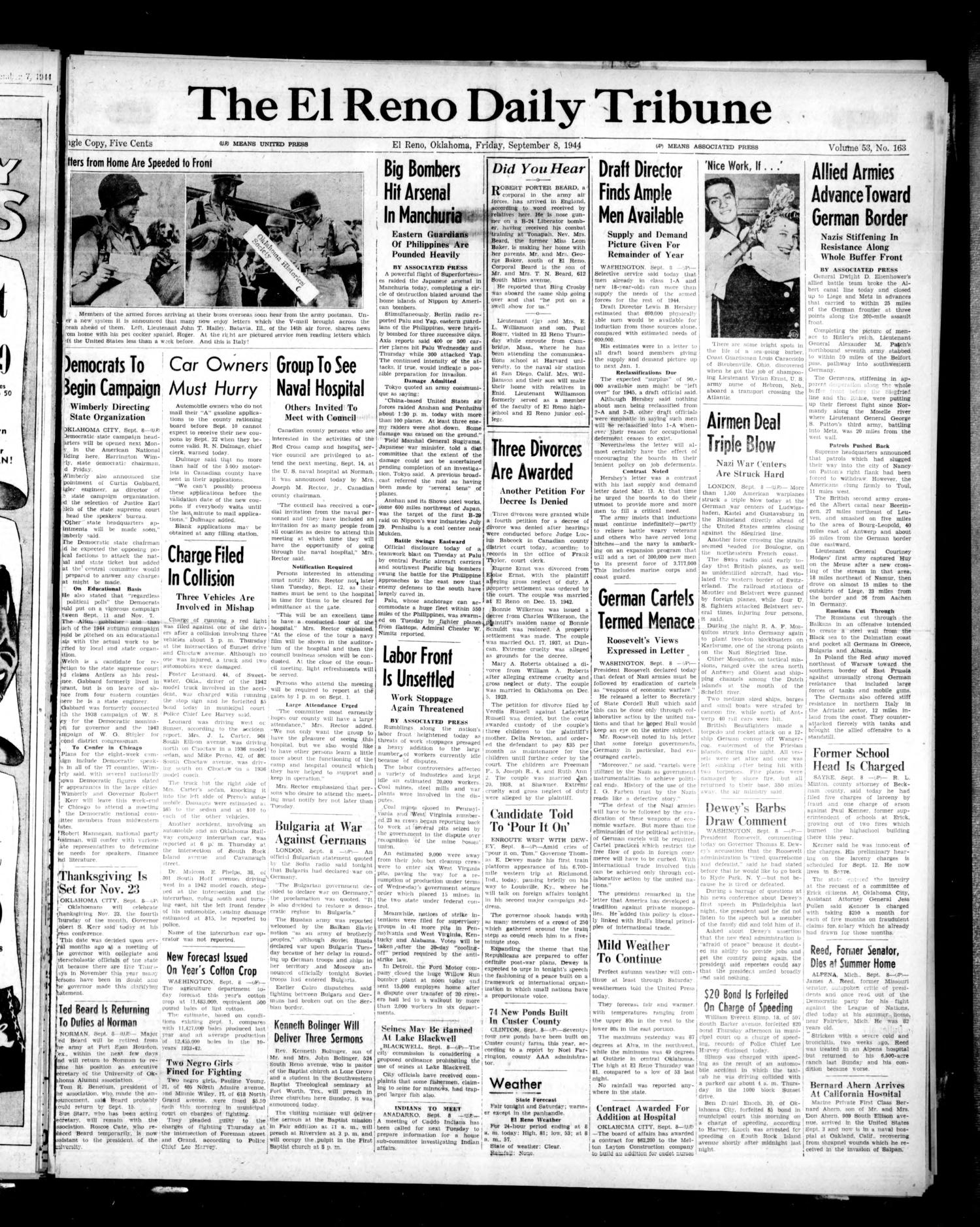 The El Reno Daily Tribune (El Reno, Okla.), Vol. 53, No. 163, Ed. 1 Friday, September 8, 1944
                                                
                                                    [Sequence #]: 1 of 6
                                                