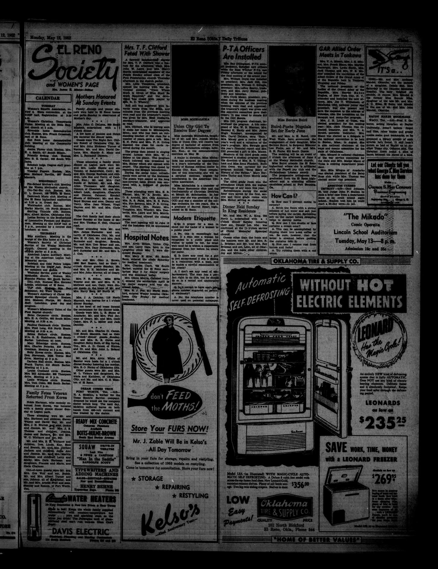 The El Reno Daily Tribune (El Reno, Okla.), Vol. 61, No. 62, Ed. 1 Monday, May 12, 1952
                                                
                                                    [Sequence #]: 3 of 6
                                                