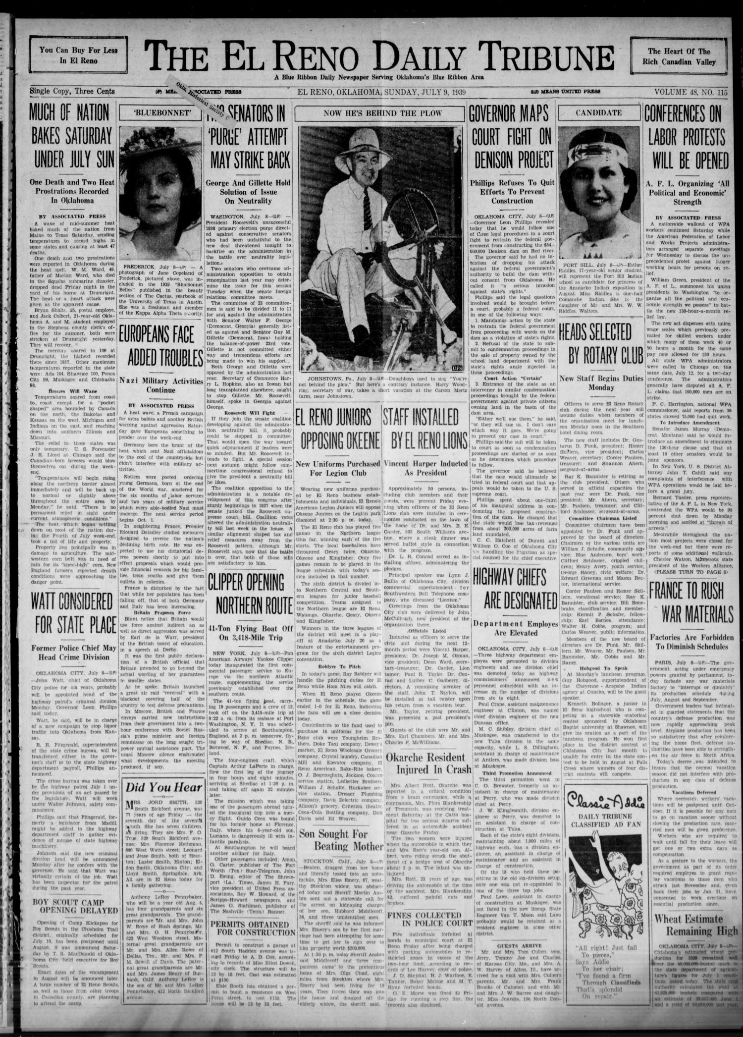 The El Reno Daily Tribune (El Reno, Okla.), Vol. 48, No. 115, Ed. 1 Sunday, July 9, 1939
                                                
                                                    [Sequence #]: 1 of 6
                                                