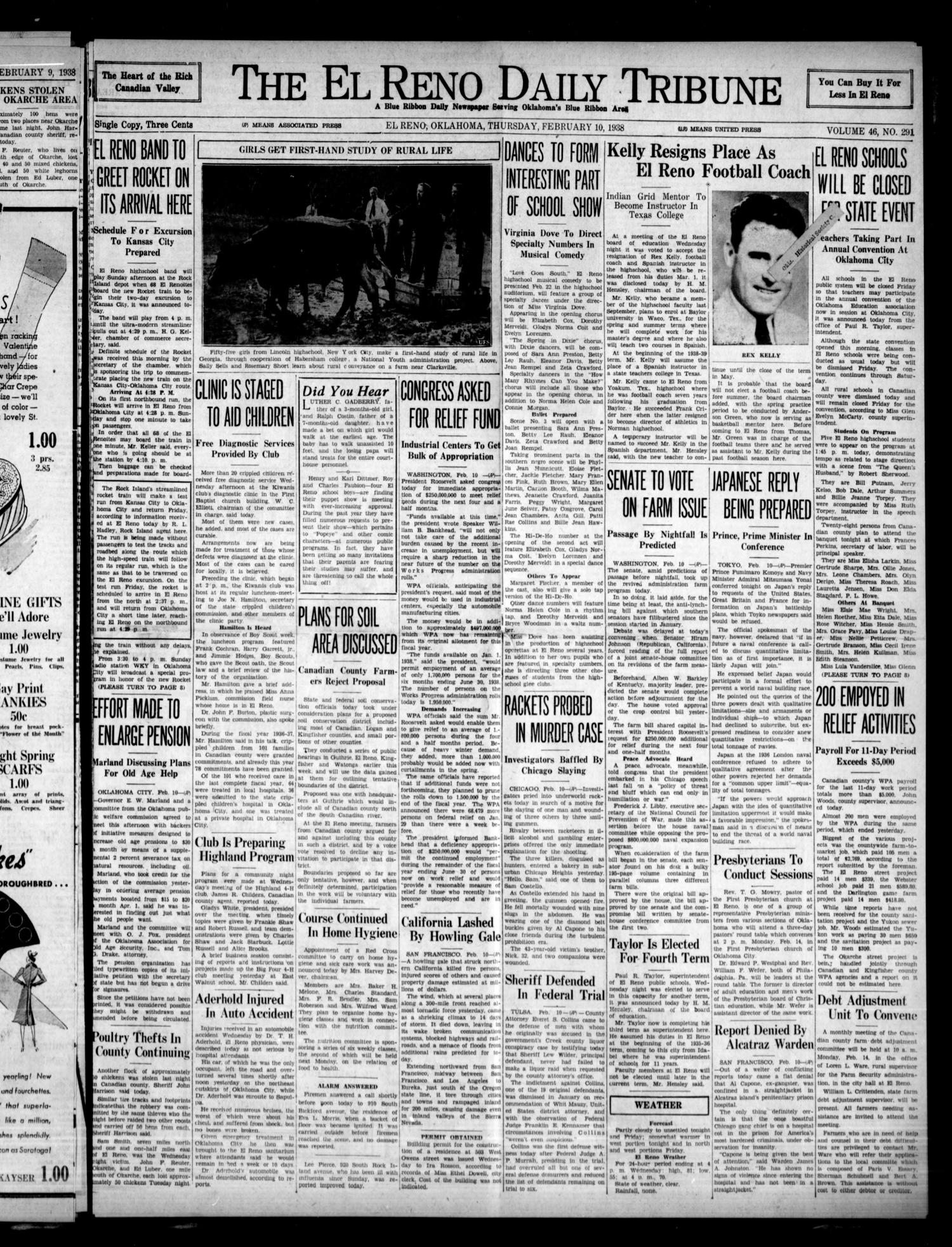 The El Reno Daily Tribune (El Reno, Okla.), Vol. 46, No. 291, Ed. 1 Thursday, February 10, 1938
                                                
                                                    [Sequence #]: 1 of 8
                                                
