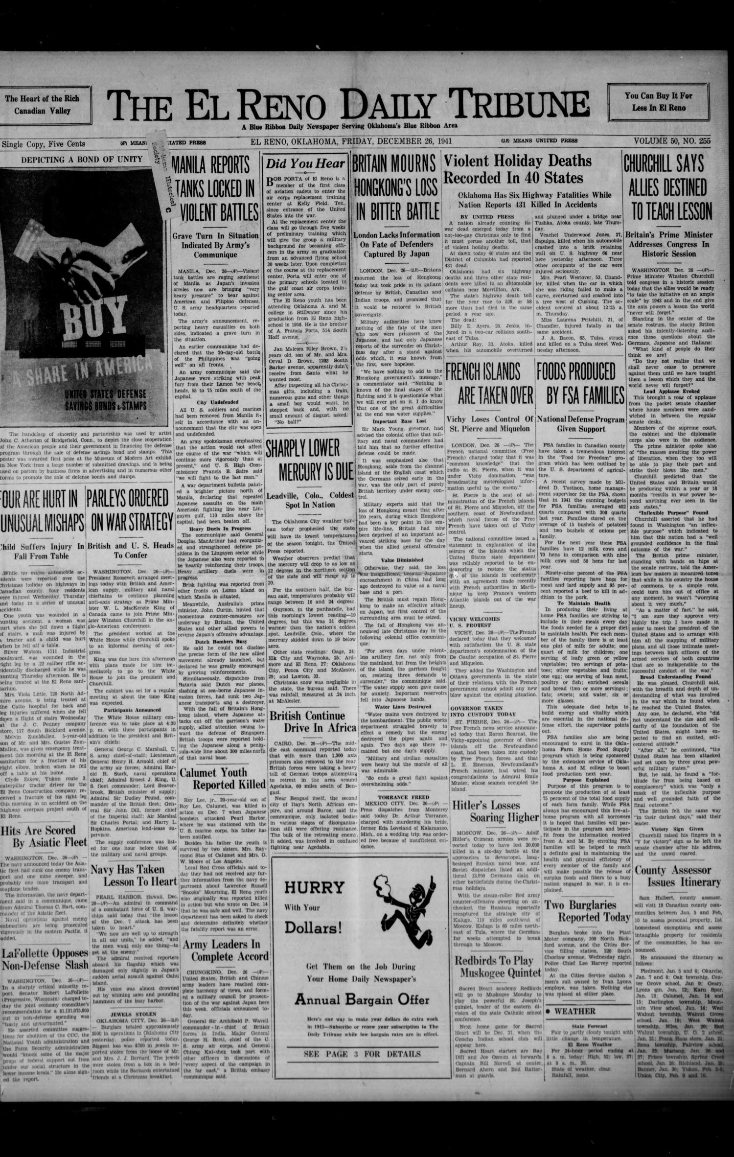 The El Reno Daily Tribune (El Reno, Okla.), Vol. 50, No. 255, Ed. 1 Friday, December 26, 1941
                                                
                                                    [Sequence #]: 1 of 6
                                                