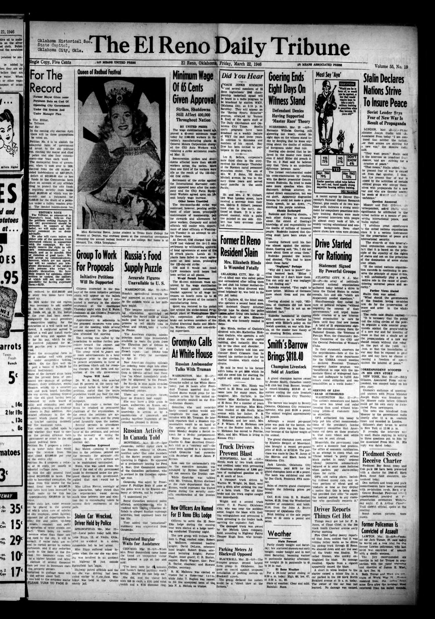 The El Reno Daily Tribune (El Reno, Okla.), Vol. 55, No. 19, Ed. 1 Friday, March 22, 1946
                                                
                                                    [Sequence #]: 3 of 12
                                                