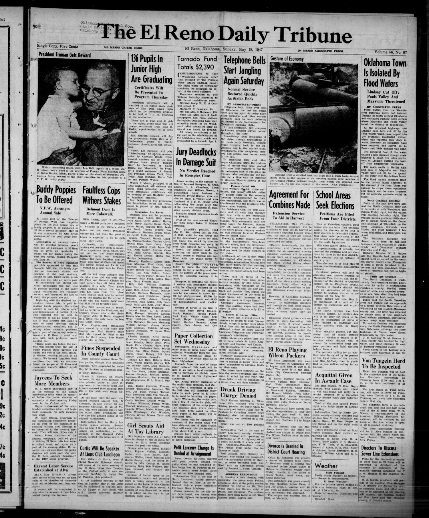The El Reno Daily Tribune (El Reno, Okla.), Vol. 56, No. 67, Ed. 1 Sunday, May 18, 1947
                                                
                                                    [Sequence #]: 1 of 10
                                                