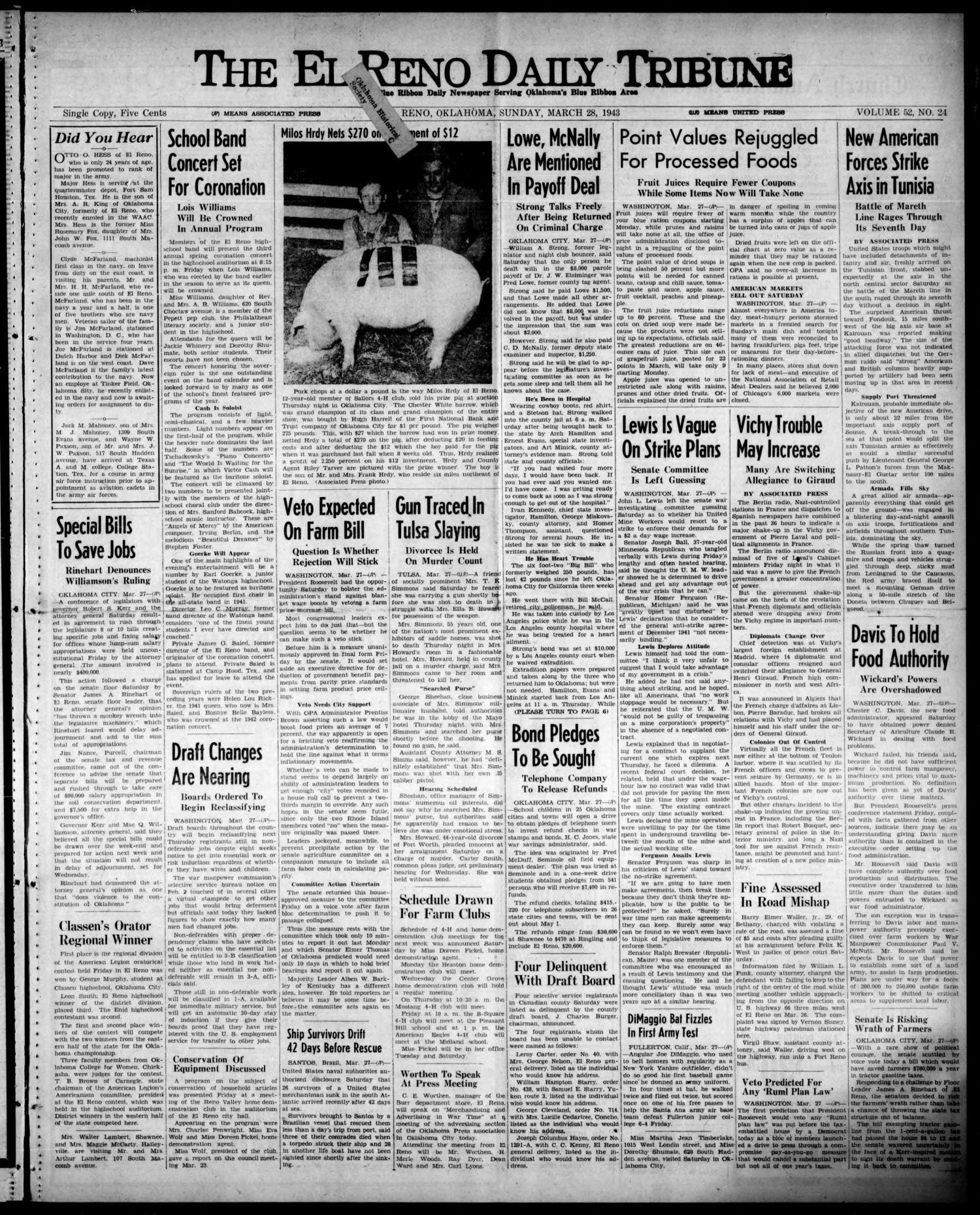 The El Reno Daily Tribune (El Reno, Okla.), Vol. 52, No. 24, Ed. 1 Sunday, March 28, 1943
                                                
                                                    [Sequence #]: 1 of 6
                                                