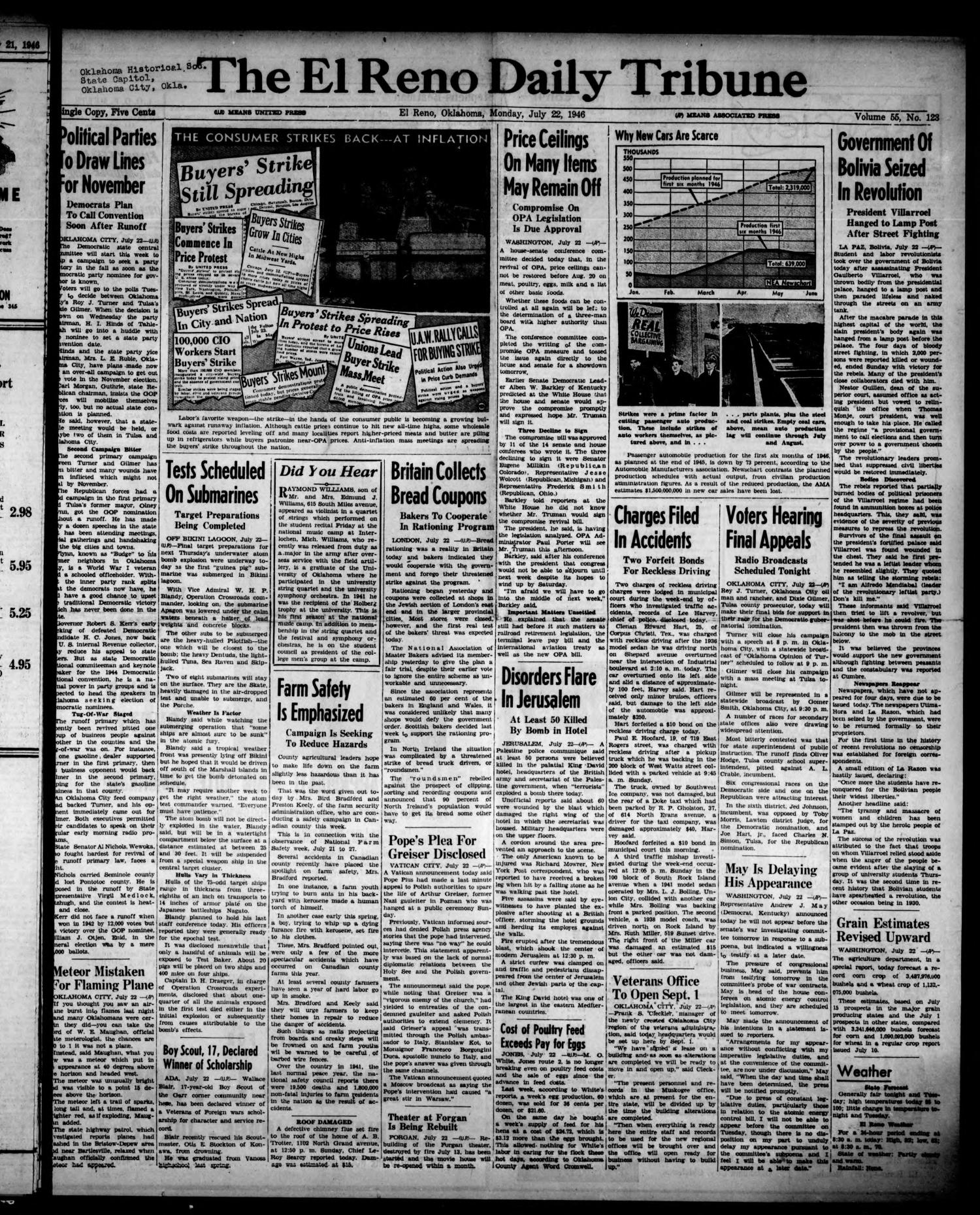 The El Reno Daily Tribune (El Reno, Okla.), Vol. 55, No. 123, Ed. 1 Monday, July 22, 1946
                                                
                                                    [Sequence #]: 1 of 6
                                                