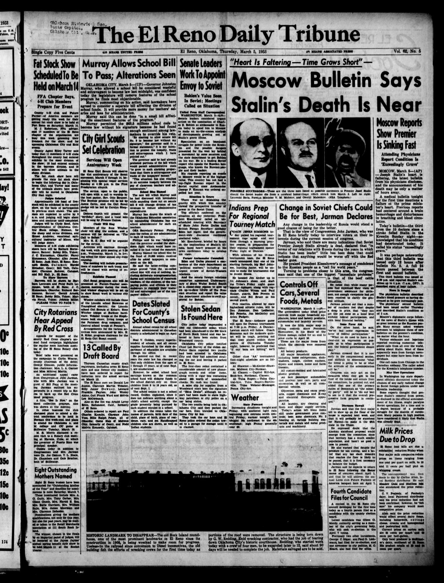The El Reno Daily Tribune (El Reno, Okla.), Vol. 62, No. 5, Ed. 1 Thursday, March 5, 1953
                                                
                                                    [Sequence #]: 1 of 14
                                                