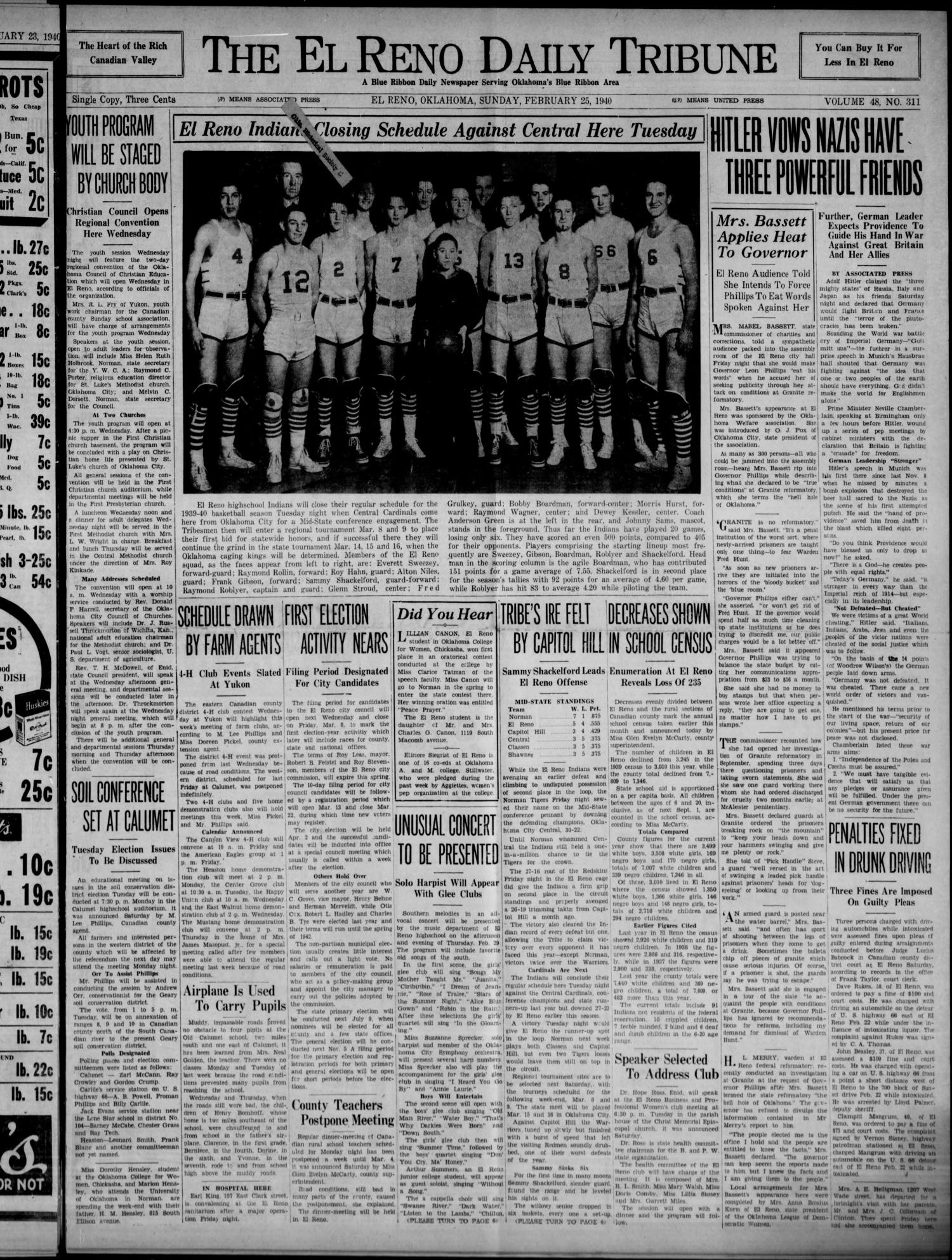 The El Reno Daily Tribune (El Reno, Okla.), Vol. 48, No. 311, Ed. 1 Sunday, February 25, 1940
                                                
                                                    [Sequence #]: 1 of 6
                                                