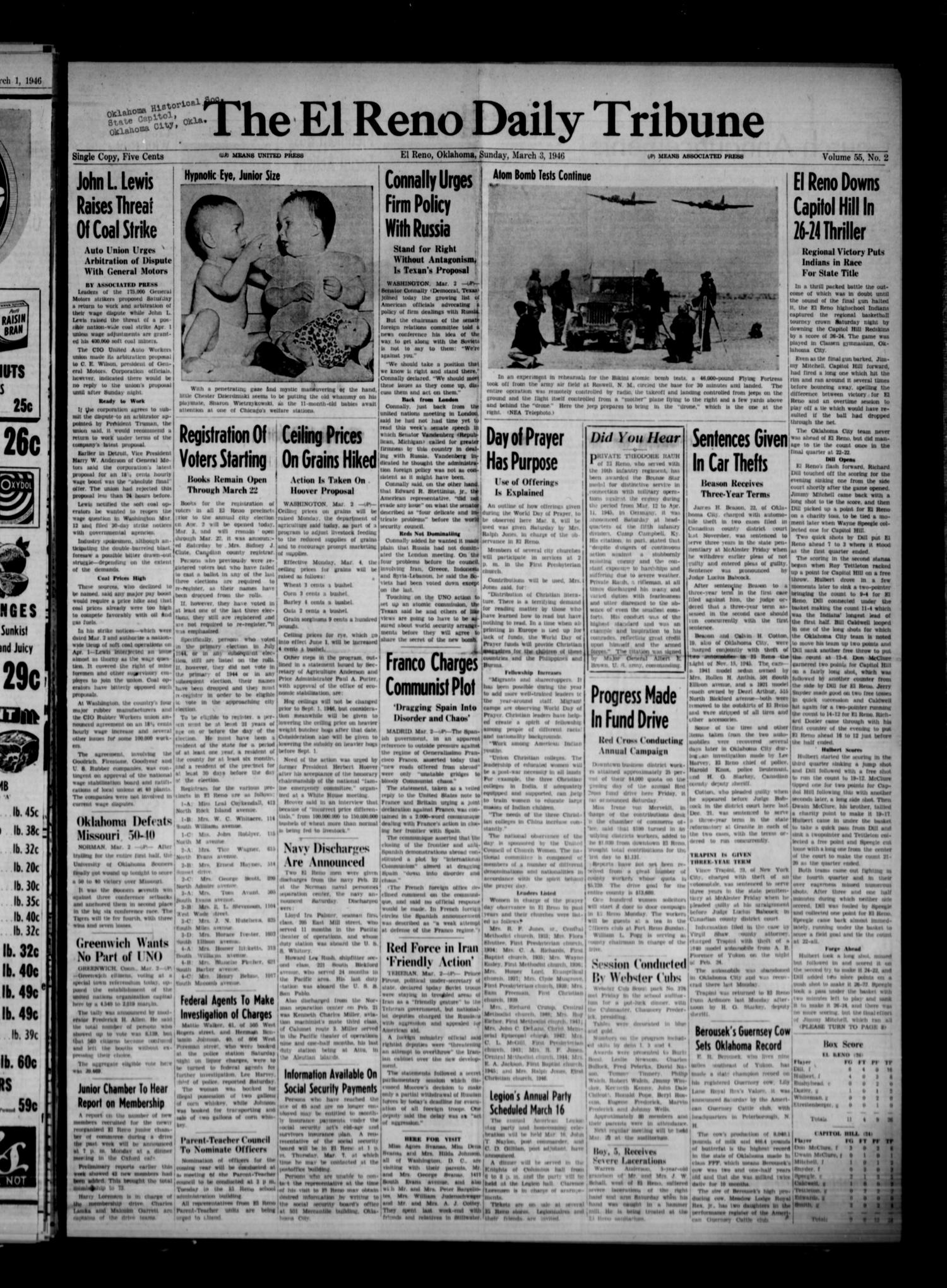 The El Reno Daily Tribune (El Reno, Okla.), Vol. 55, No. 2, Ed. 1 Sunday, March 3, 1946
                                                
                                                    [Sequence #]: 1 of 10
                                                