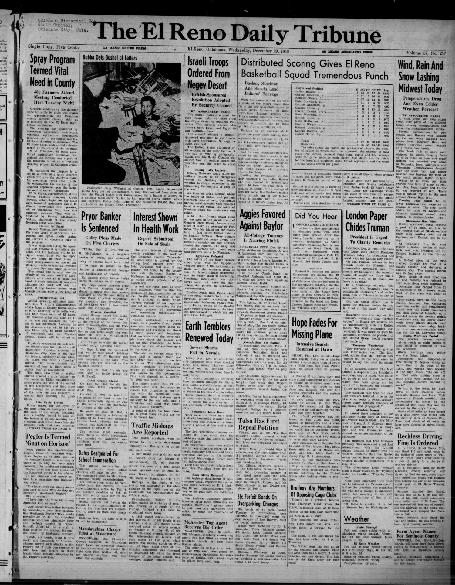 The El Reno Daily Tribune (El Reno, Okla.), Vol. 57, No. 257, Ed. 1 Wednesday, December 29, 1948
                                                
                                                    [Sequence #]: 1 of 8
                                                