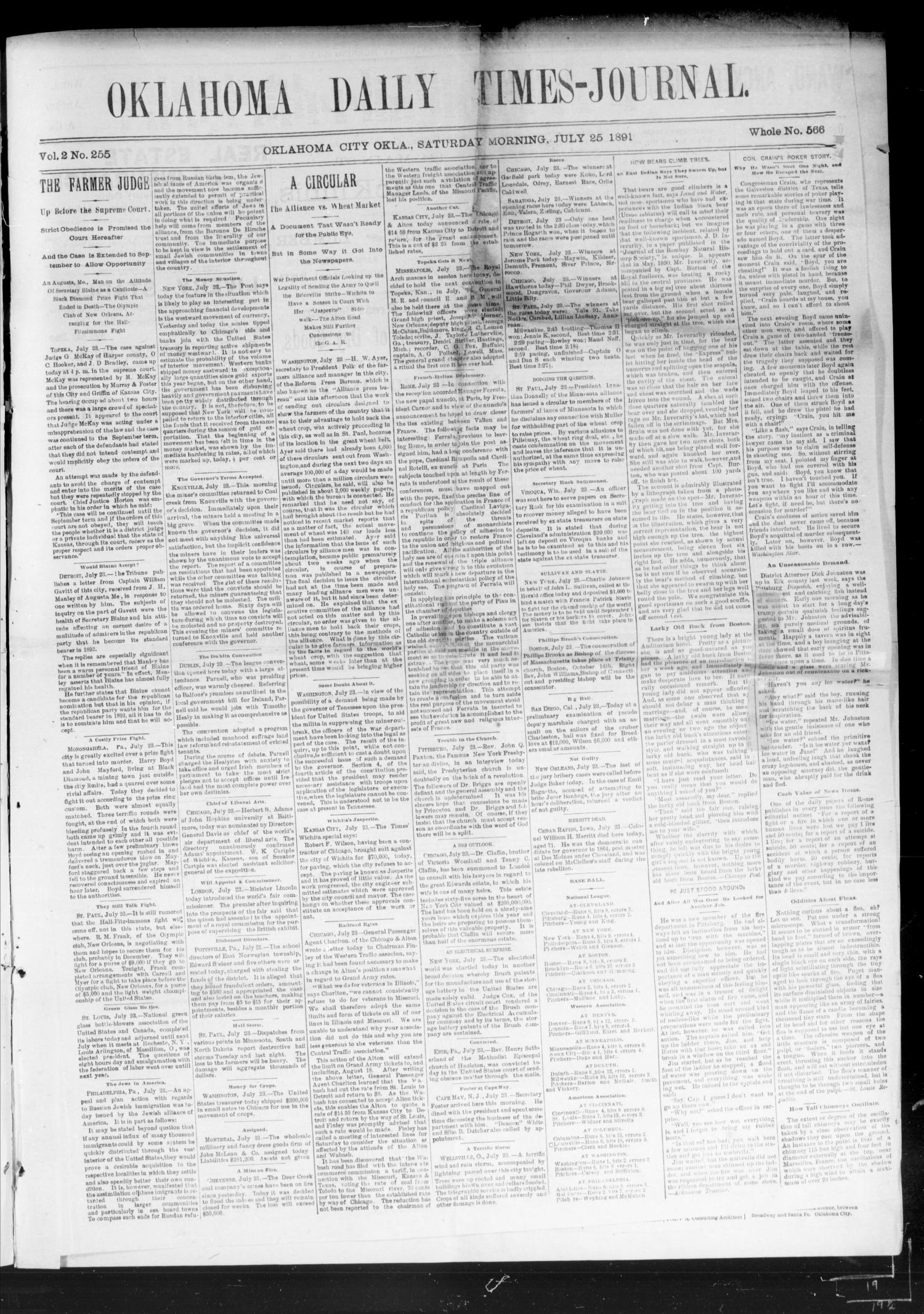 Oklahoma Daily Times-Journal (Oklahoma City, Okla.), Vol. 2, No. 255, Ed. 1 Saturday, July 25, 1891
                                                
                                                    [Sequence #]: 1 of 4
                                                