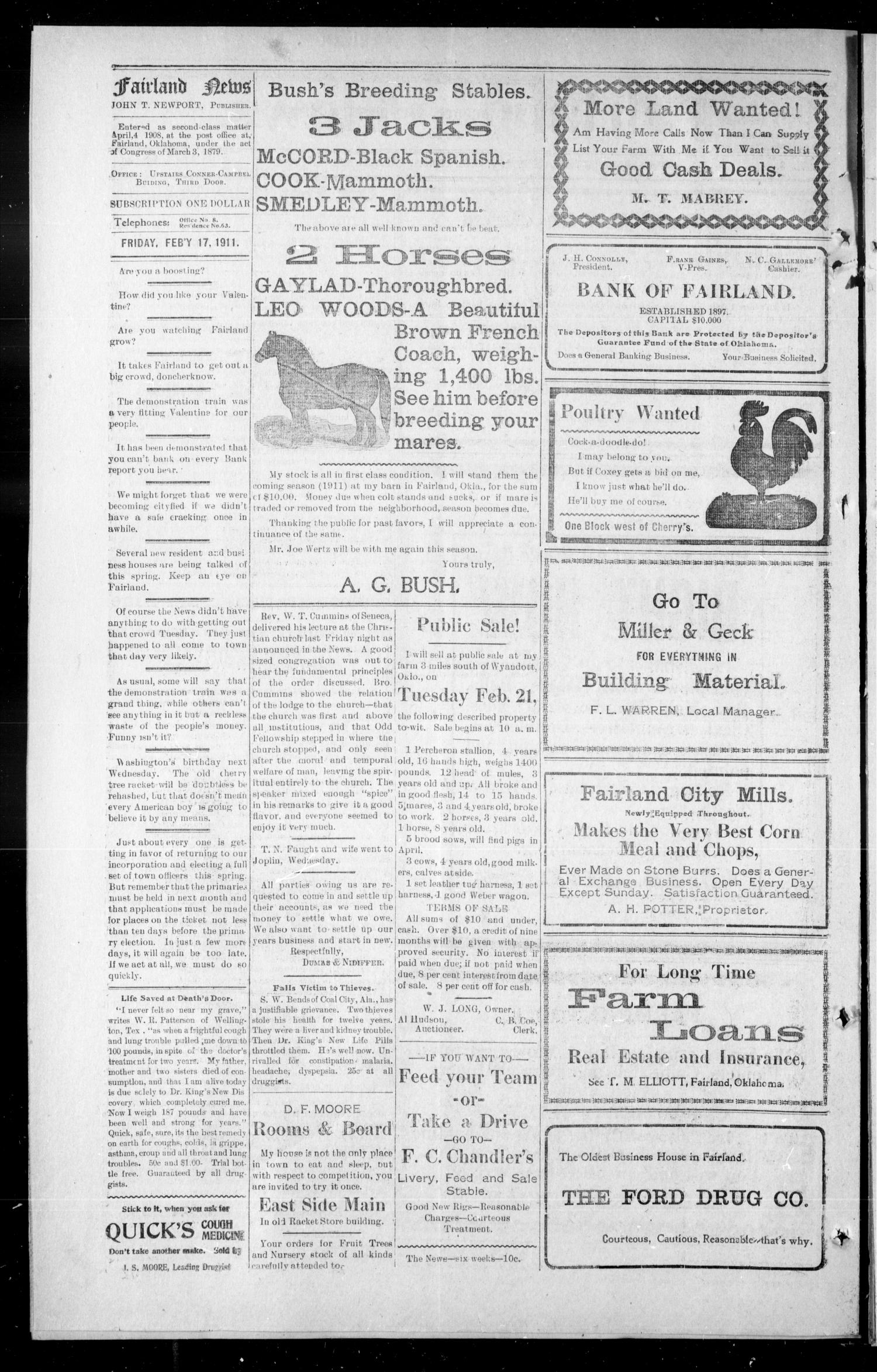Fairland News. (Fairland, Okla.), Vol. 3, No. 48, Ed. 1 Friday, February 17, 1911
                                                
                                                    [Sequence #]: 2 of 4
                                                