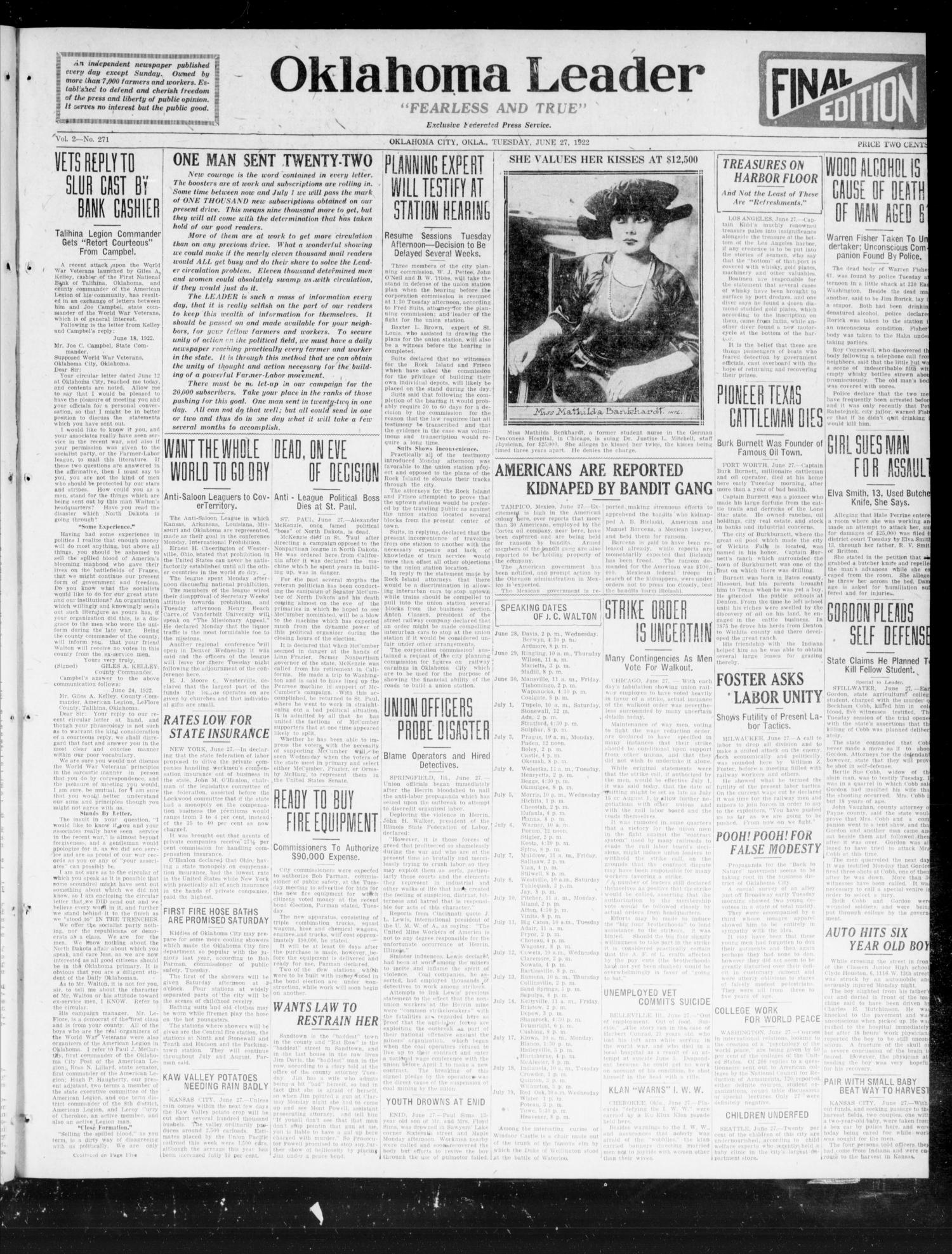 Oklahoma Leader (Oklahoma City, Okla.), Vol. 2, No. 271, Ed. 1 Tuesday, June 27, 1922
                                                
                                                    [Sequence #]: 1 of 6
                                                