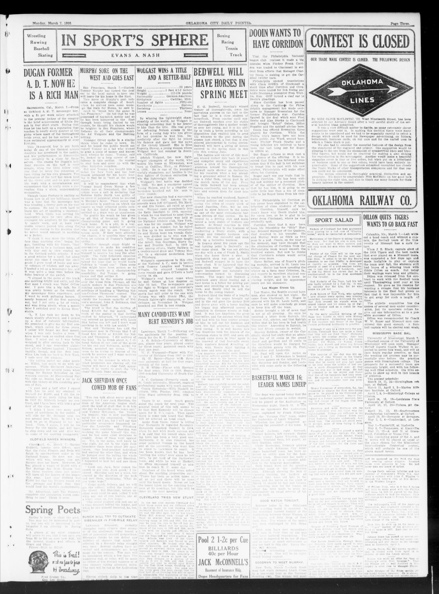 Oklahoma City Daily Pointer (Oklahoma City, Okla.), Vol. 5, No. 42, Ed. 1 Monday, March 7, 1910
                                                
                                                    [Sequence #]: 3 of 8
                                                