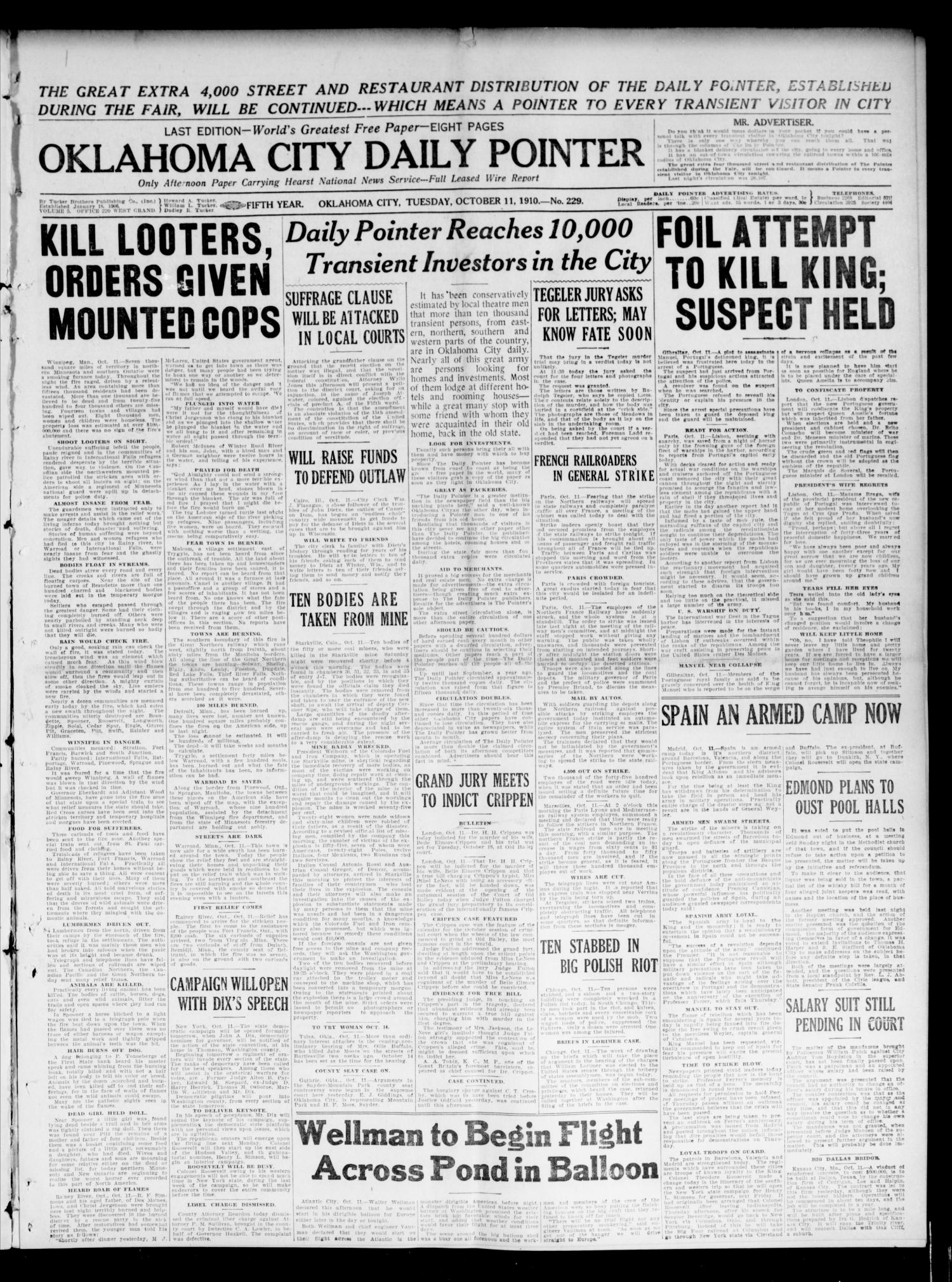Oklahoma City Daily Pointer (Oklahoma City, Okla.), Vol. 5, No. 229, Ed. 1 Tuesday, October 11, 1910
                                                
                                                    [Sequence #]: 1 of 8
                                                