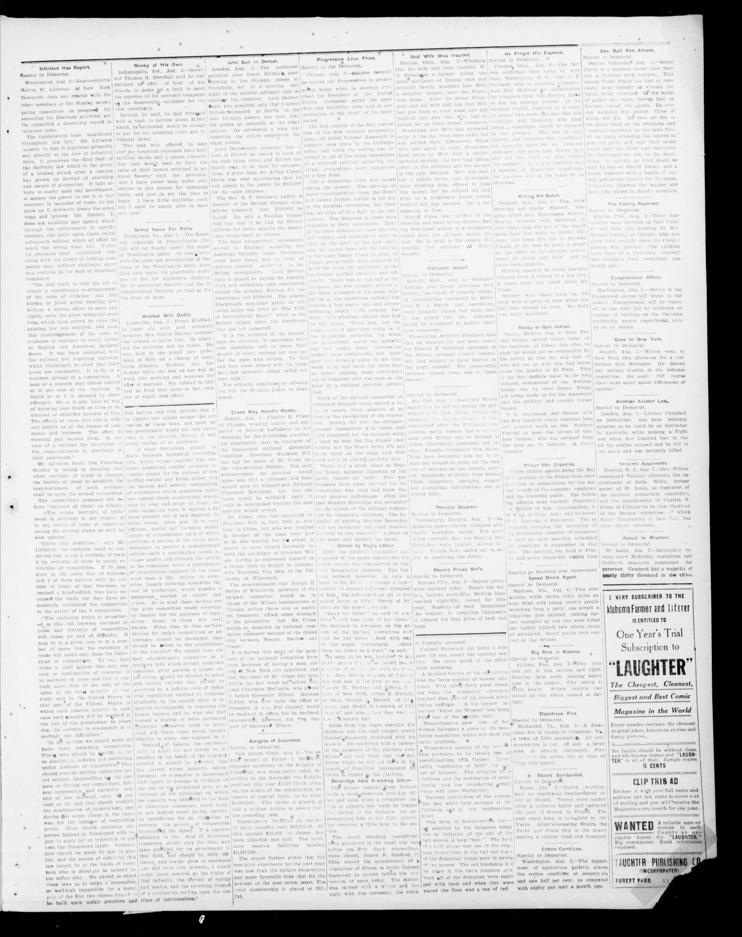 The Oklahoma Farmer and Laborer (Sapulpa, Okla.), Vol. 4, No. 17, Ed. 1 Friday, August 9, 1912
                                                
                                                    [Sequence #]: 3 of 4
                                                
