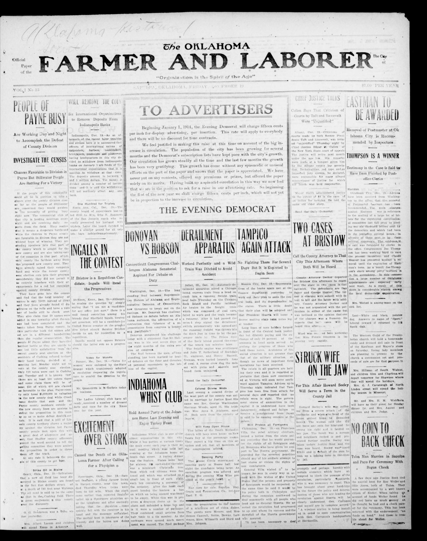 The Oklahoma Farmer and Laborer (Sapulpa, Okla.), Vol. 1, No. 18, Ed. 1 Friday, December 19, 1913
                                                
                                                    [Sequence #]: 1 of 4
                                                