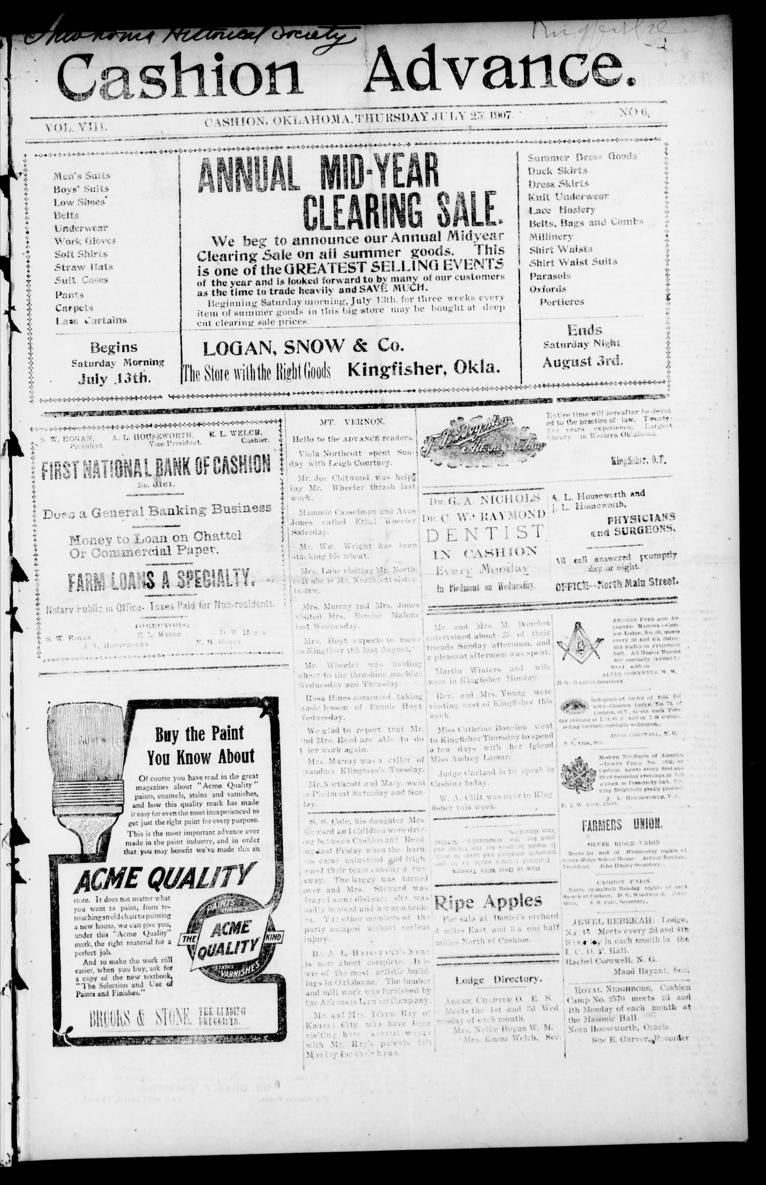 Cashion Advance. (Cashion, Okla.), Vol. 8, No. 6, Ed. 1 Thursday, July 25, 1907
                                                
                                                    [Sequence #]: 1 of 8
                                                