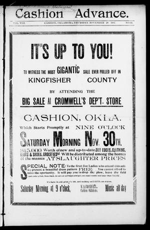 Cashion Advance. (Cashion, Okla.), Vol. 8, No. 24, Ed. 1 Thursday, November 28, 1907